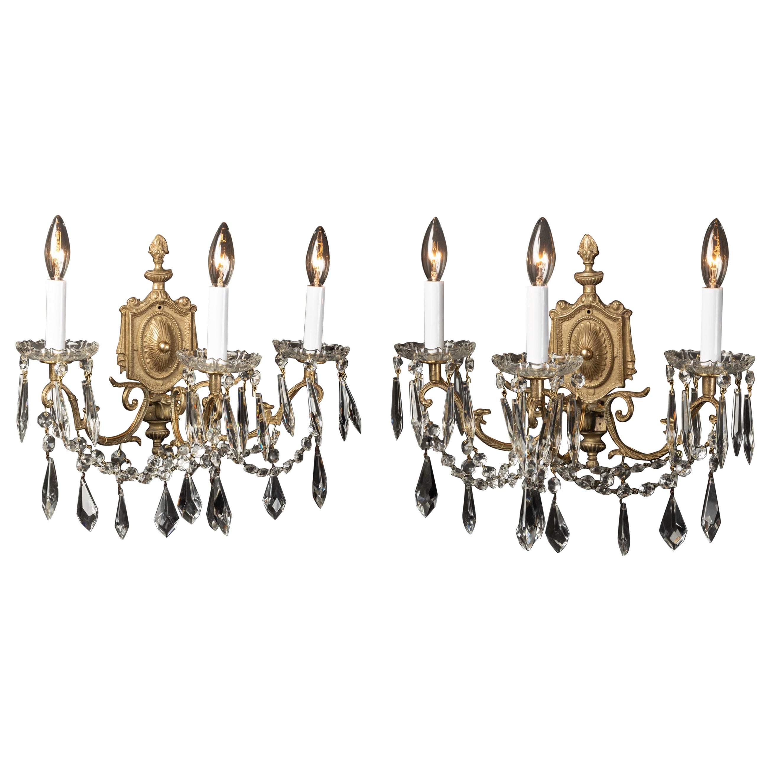  Pair of French Late 19th Century Louis XVI Bronze and Crystal Sconces  For Sale