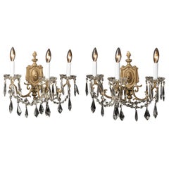 Antique  Pair of French Late 19th Century Louis XVI Bronze and Crystal Sconces 