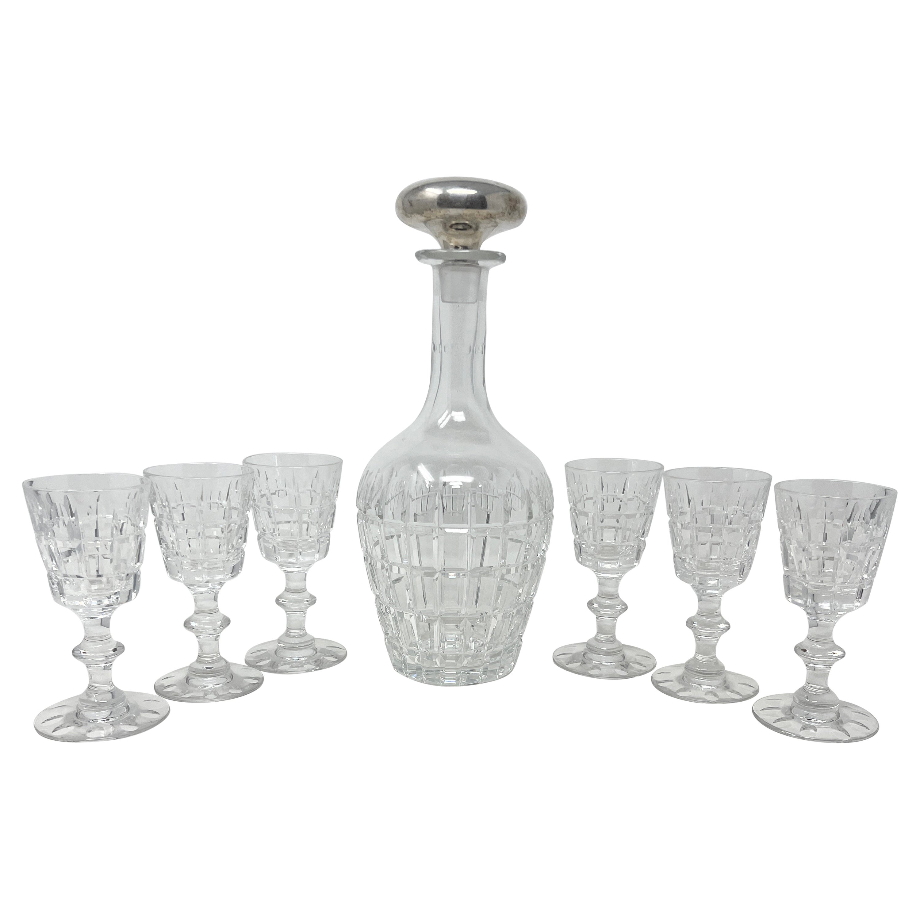 Estate 1950's American Sterling Silver Cut Crystal Decanter & 6 Cordial Glasses  For Sale