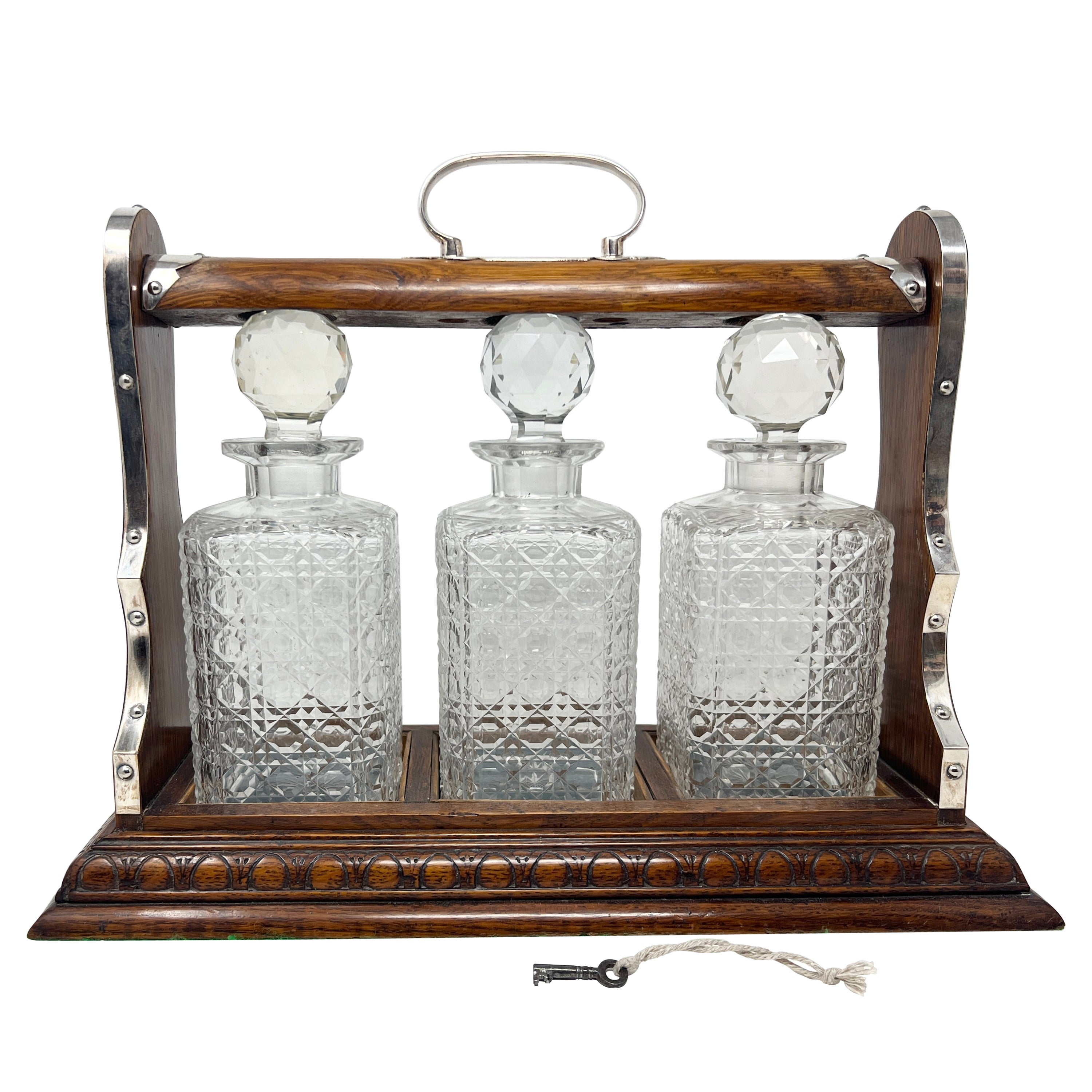 Antique English Sheffield Silver, Golden Oak & Cut Crystal 3 Bottle Tantalus. For Sale