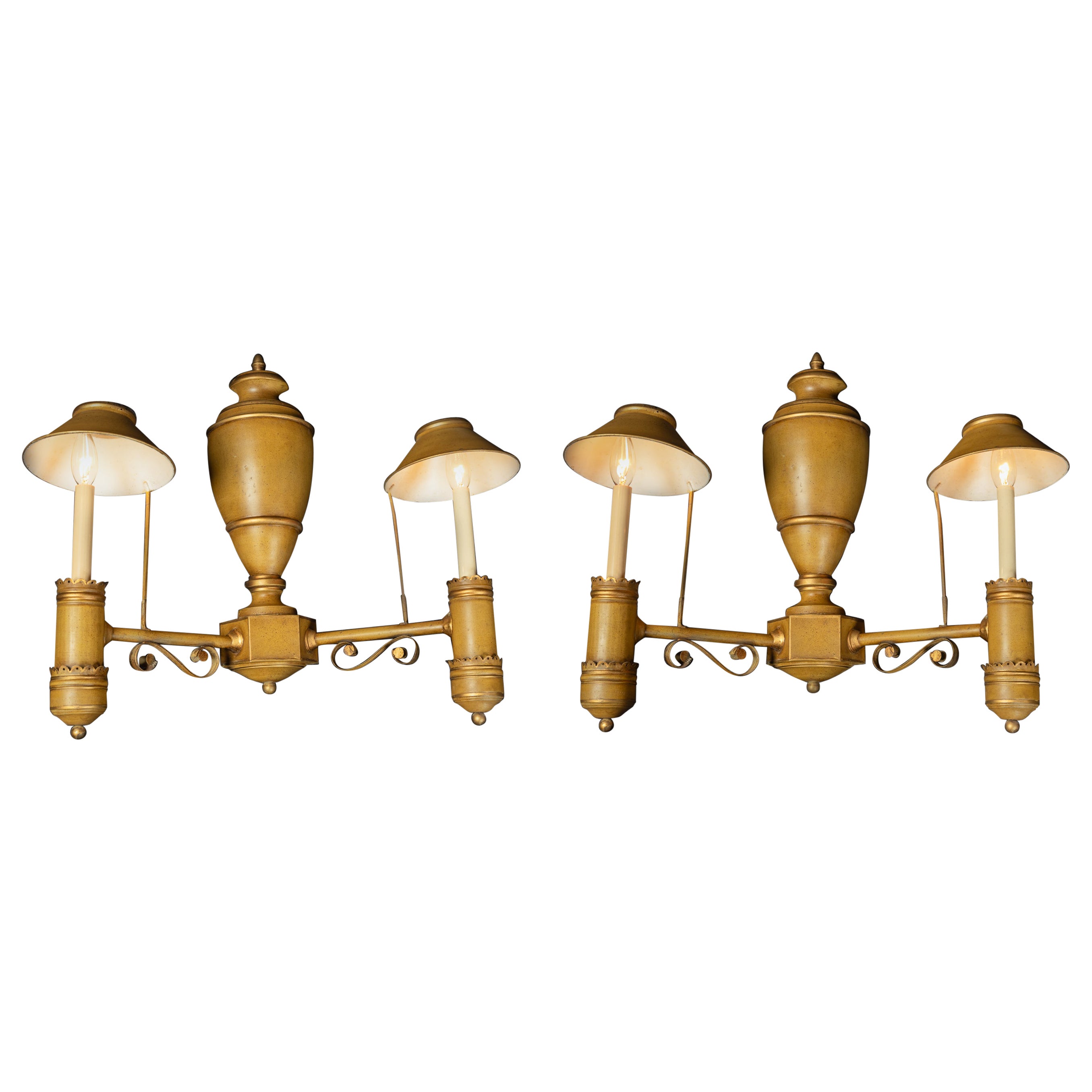 Large Pair of Italian Mid-20th Century Tole Sconces with Light Shades