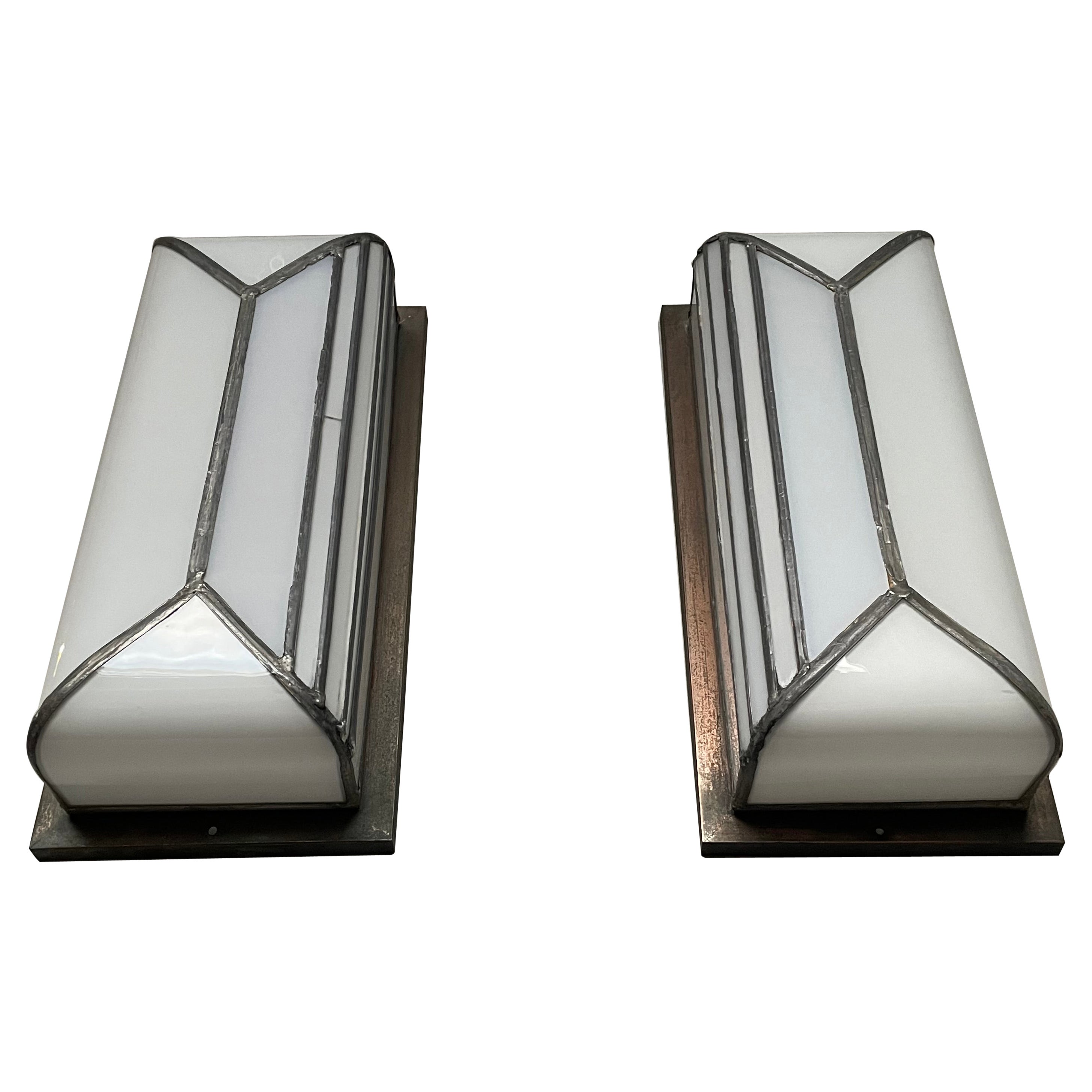 Rare & Great Pair of Art Deco Opaline Glass Flush Mounts or Wall Sconces 1920s  For Sale