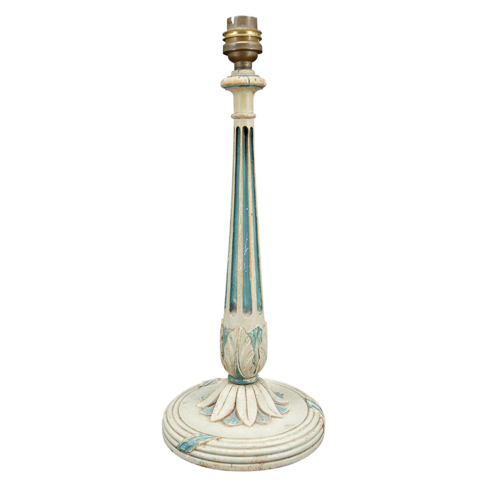 Art Deco wooden lamp painted in white and patinated blue, France, Circa 1920 For Sale