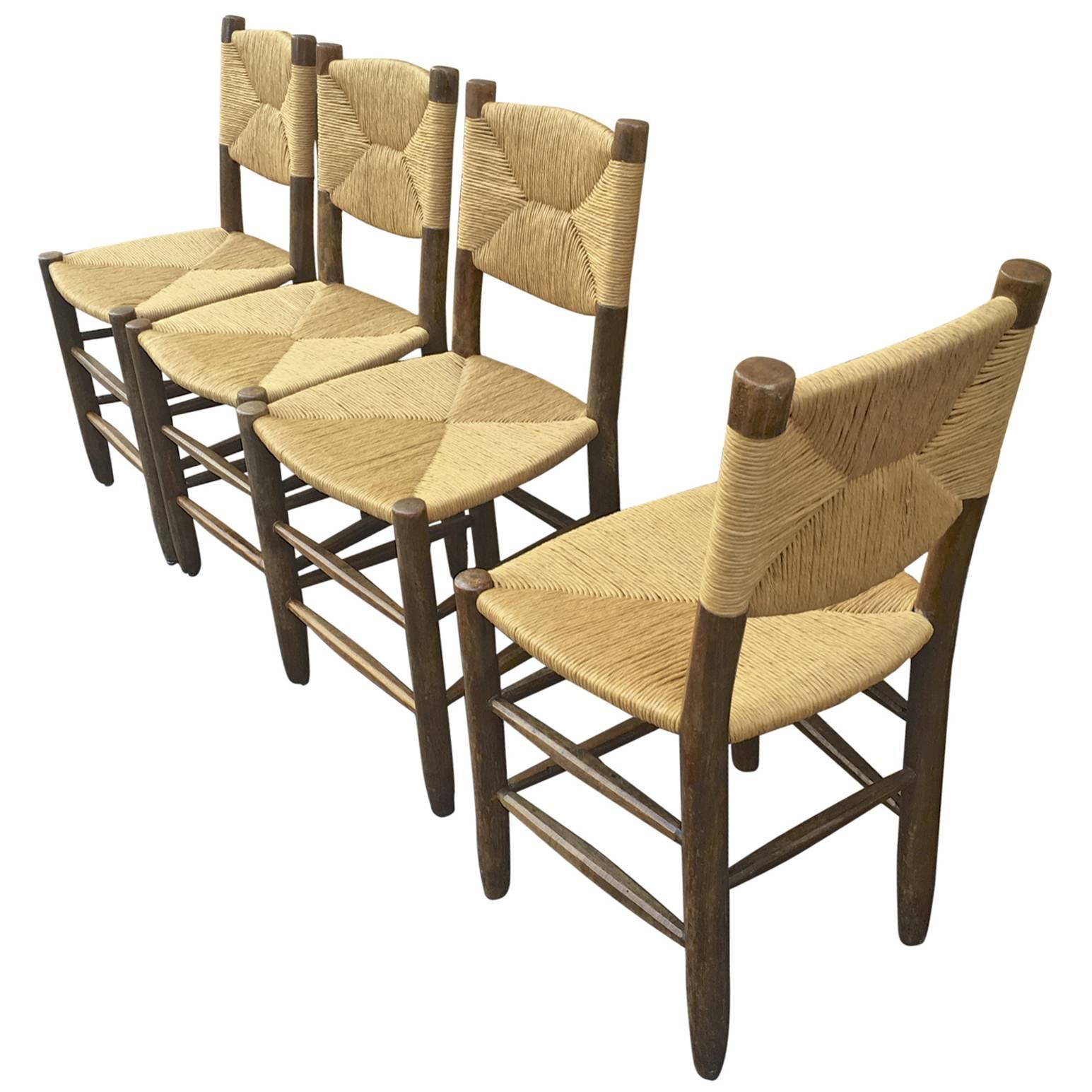 Charlotte Perriand Set of Four Rush Chairs, Model Bauche, Good Vintage Condition For Sale