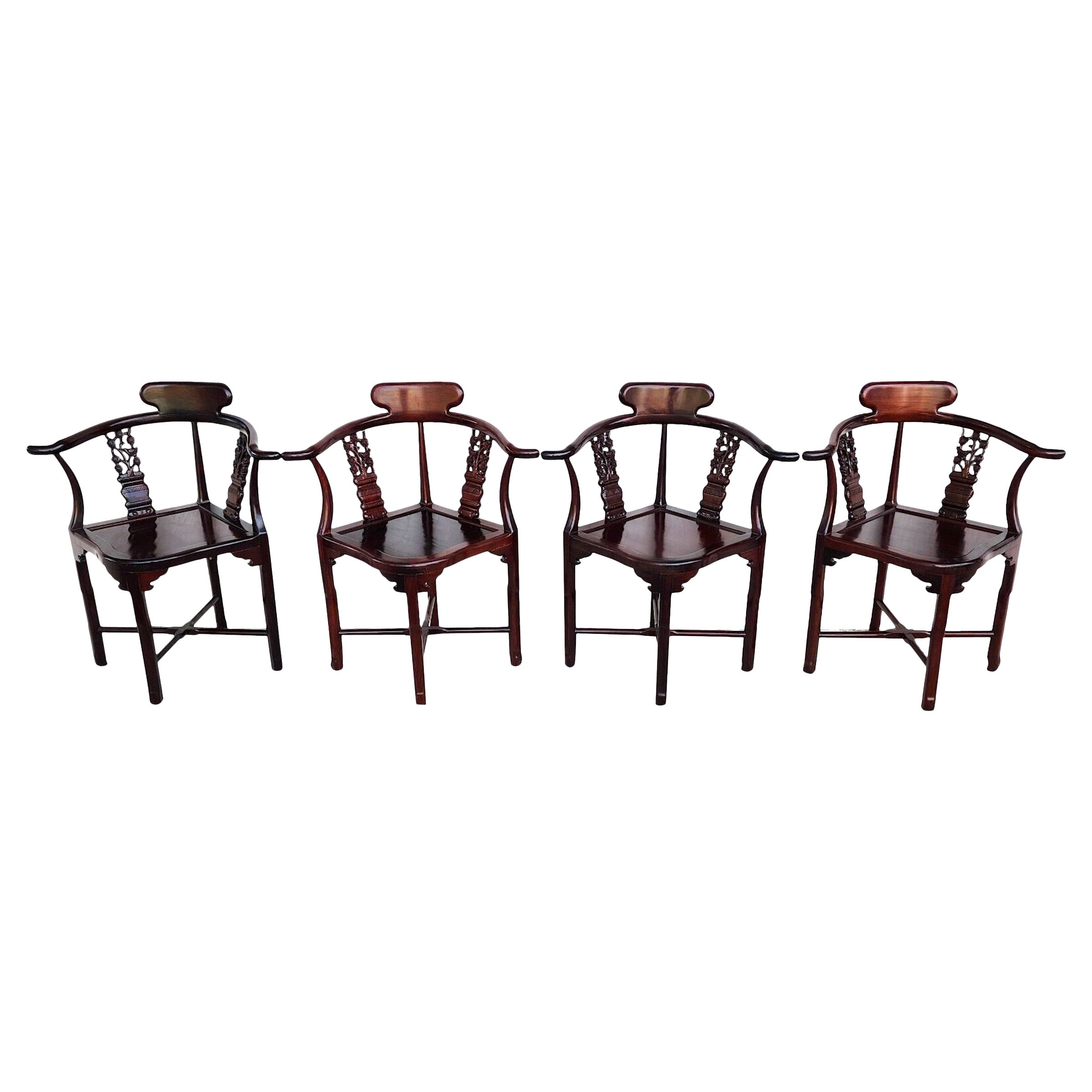 Chinese Rosewood Corner Dining Chairs Vintage - Set of 4 For Sale