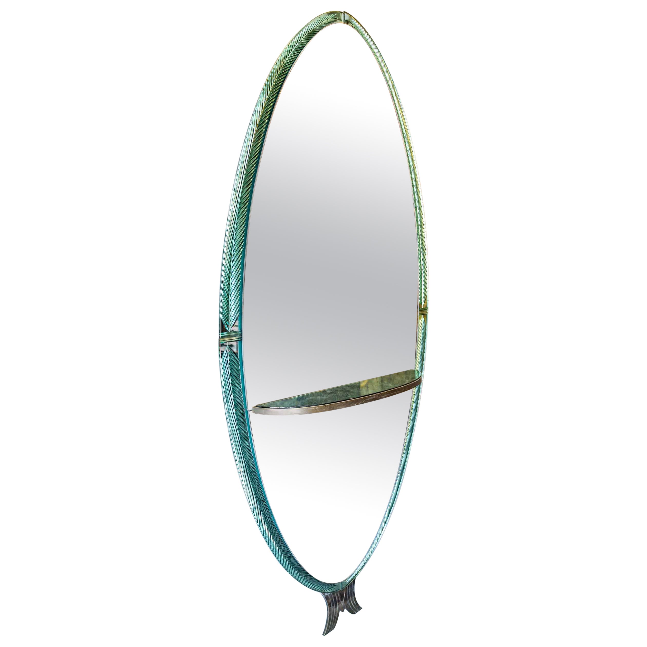 Large Oval Mirror And Its Bronze Console To Hang - Double Tint - Period Art Deco For Sale