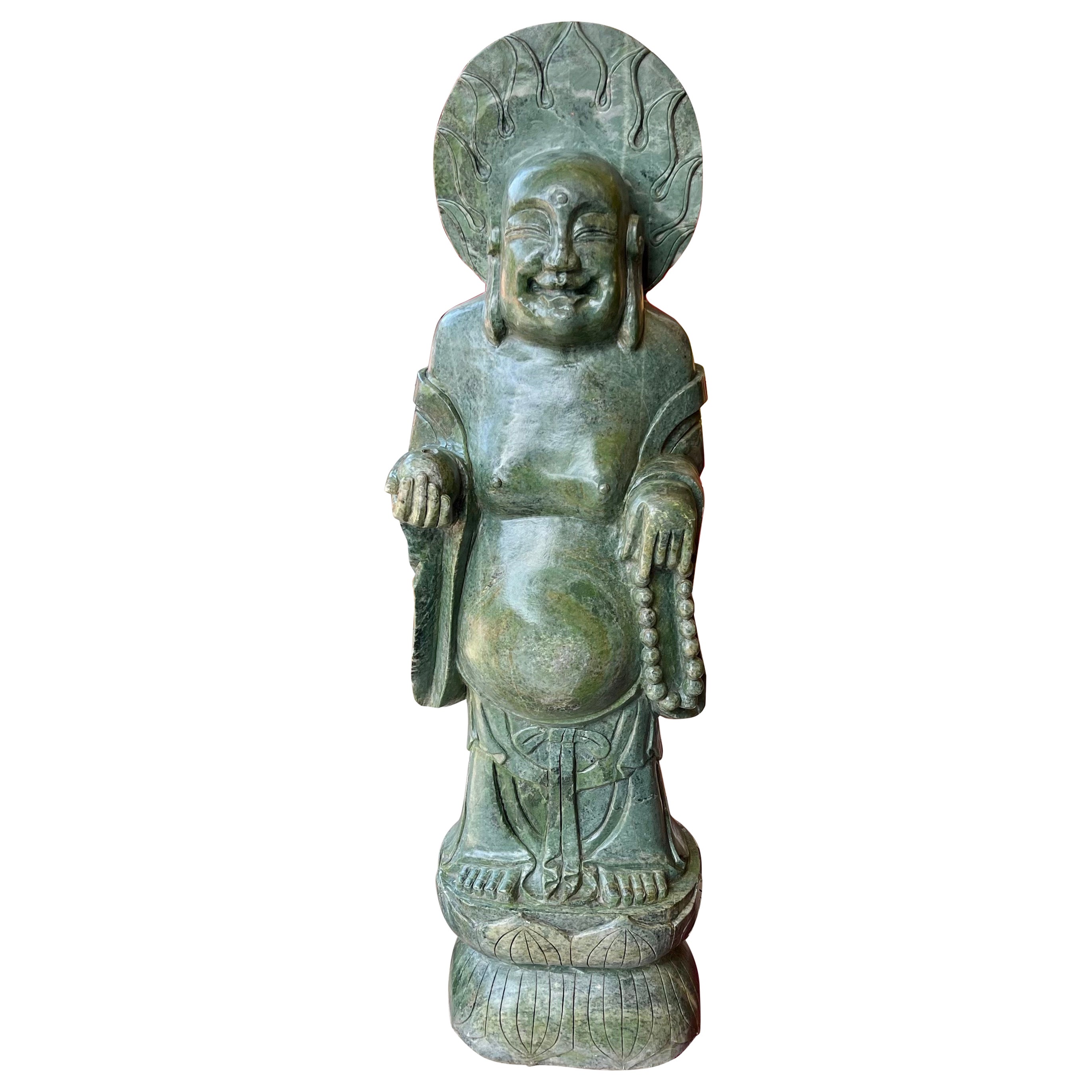 Large Laughing Buddha Statue - Green Hard Stone - China - Period: Art Nouveau For Sale