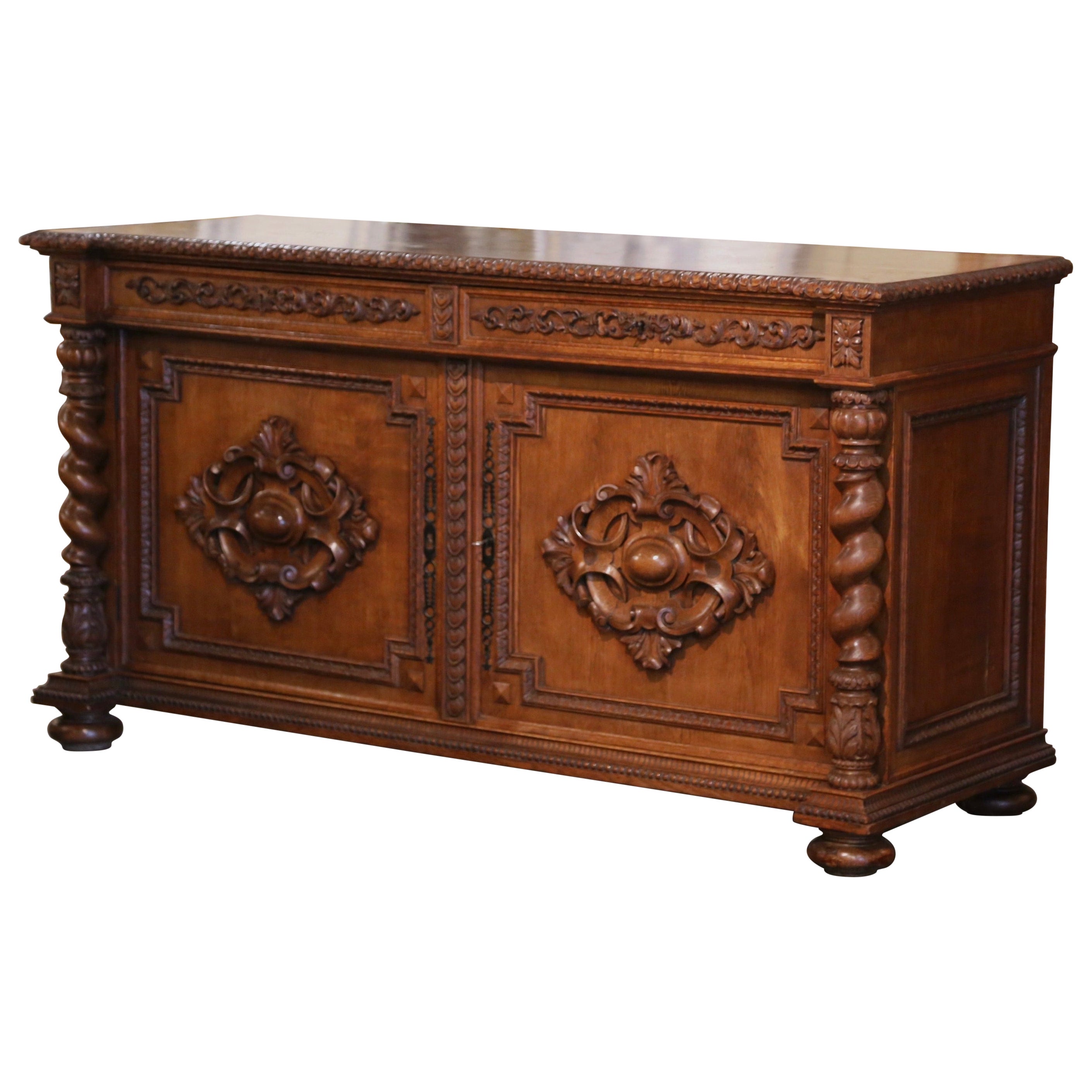 19th Century French Louis XIII Carved Oak Parquet Top Two-Door Buffet  For Sale