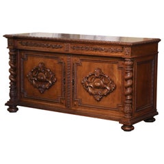 Used 19th Century French Louis XIII Carved Oak Parquet Top Two-Door Buffet 