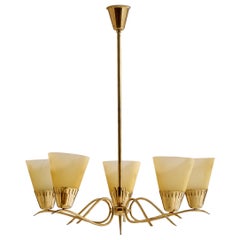 Swedish Designer, Chandelier, Brass, Glass, Sweden, 1940s