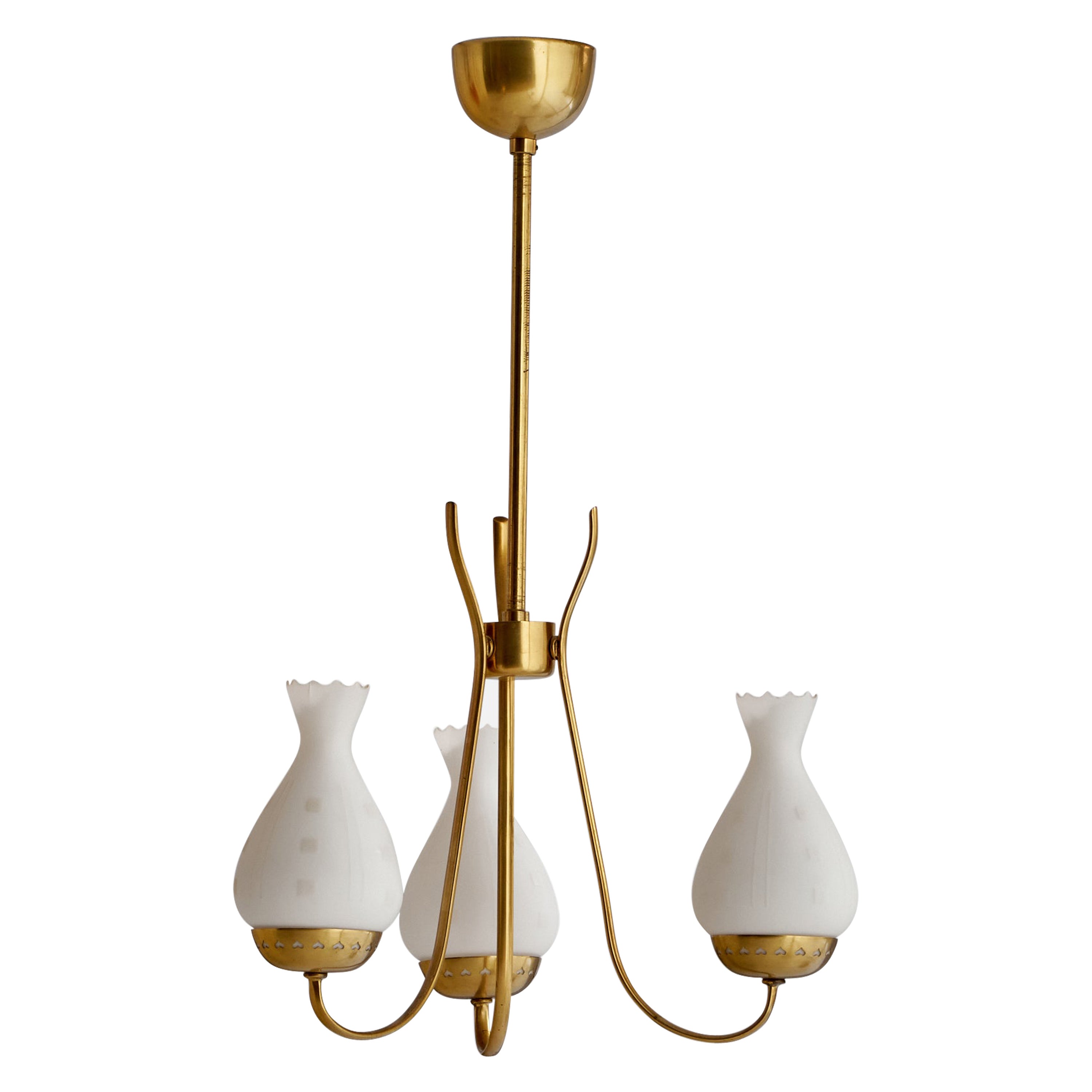 Swedish Designer, Chandelier, Brass, Glass, Sweden, 1940s