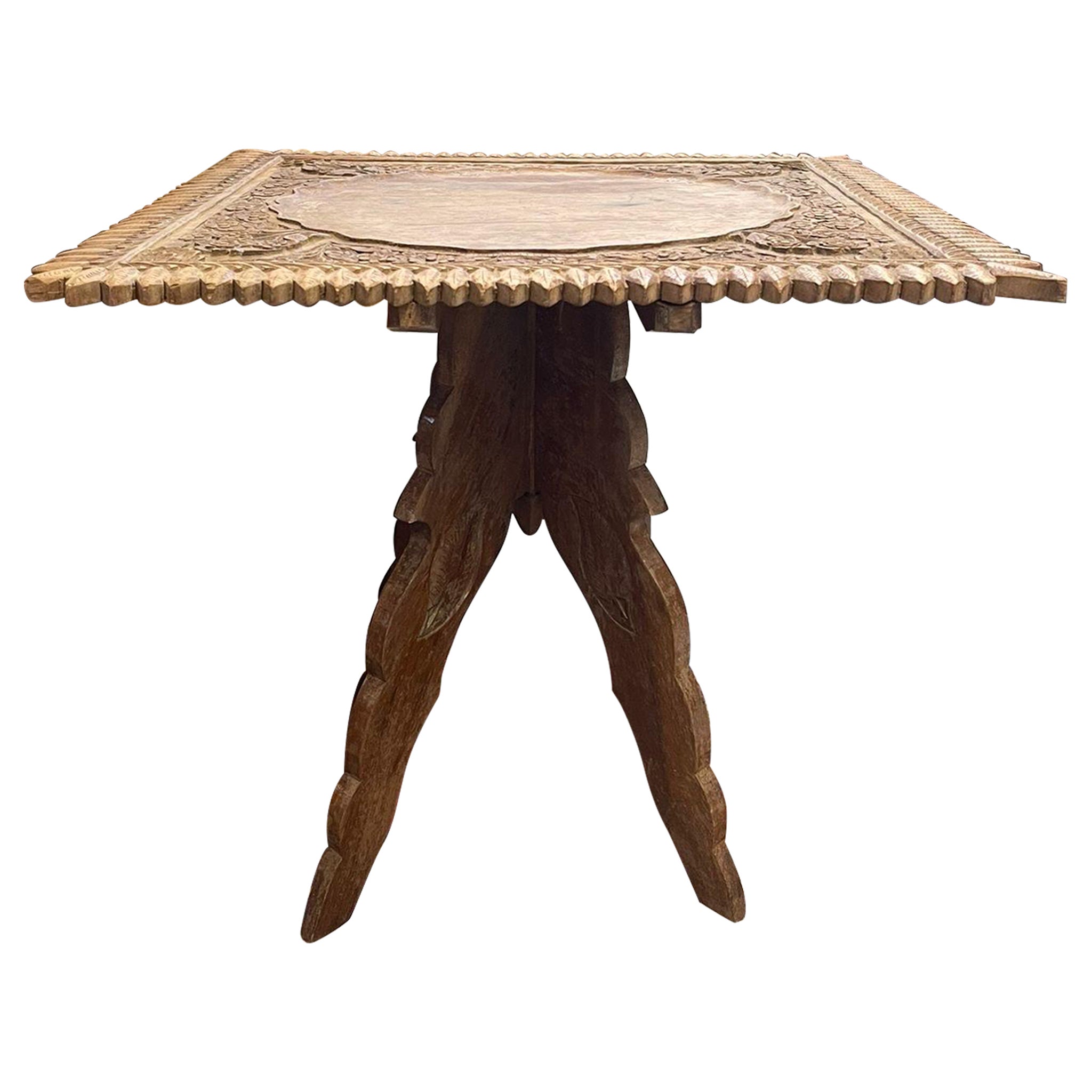 Vintage Carved Wood Side Table With Floral Motif. For Sale