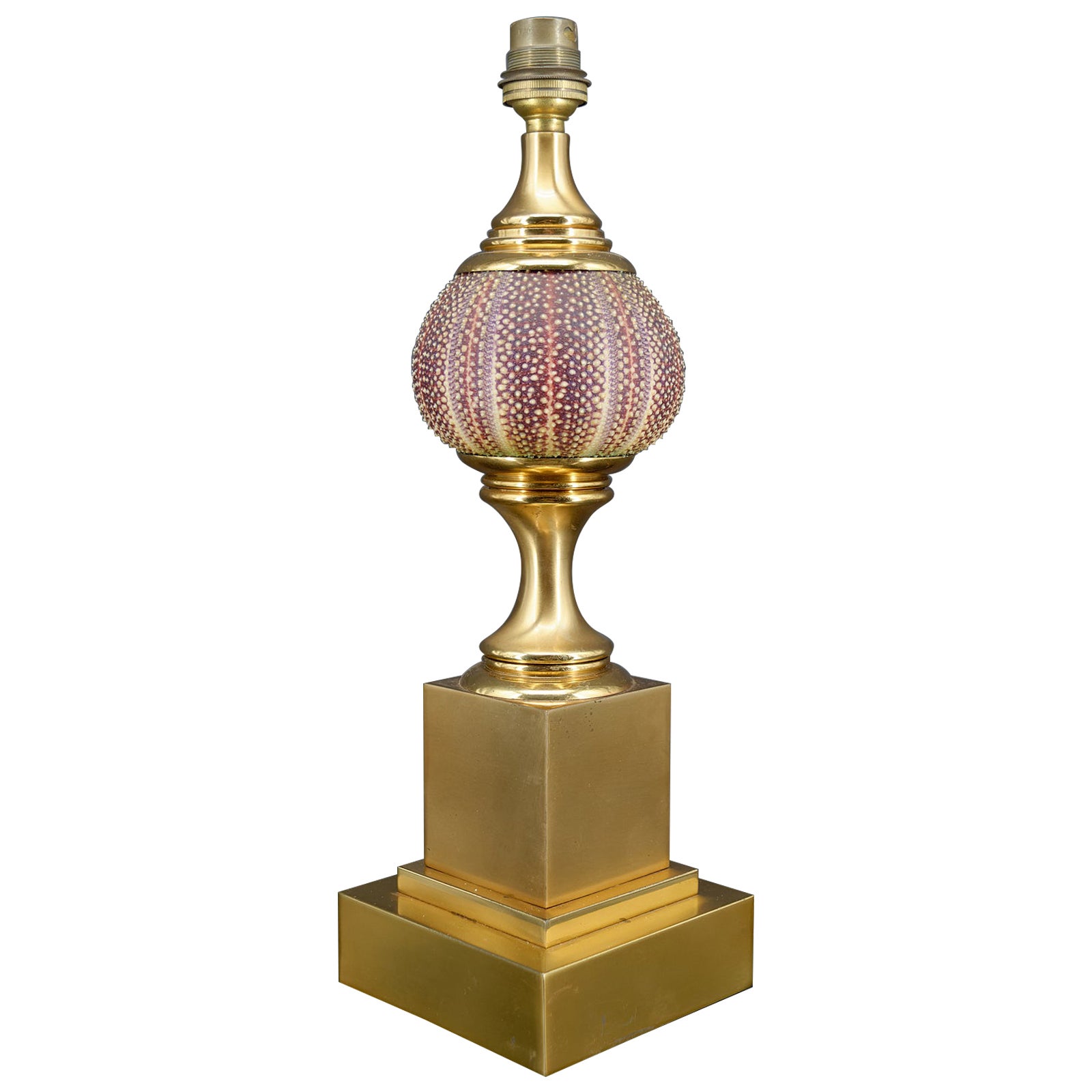 Maison Charles lamp, pink sea urchin and gilded bronze, France, Circa 1960 For Sale