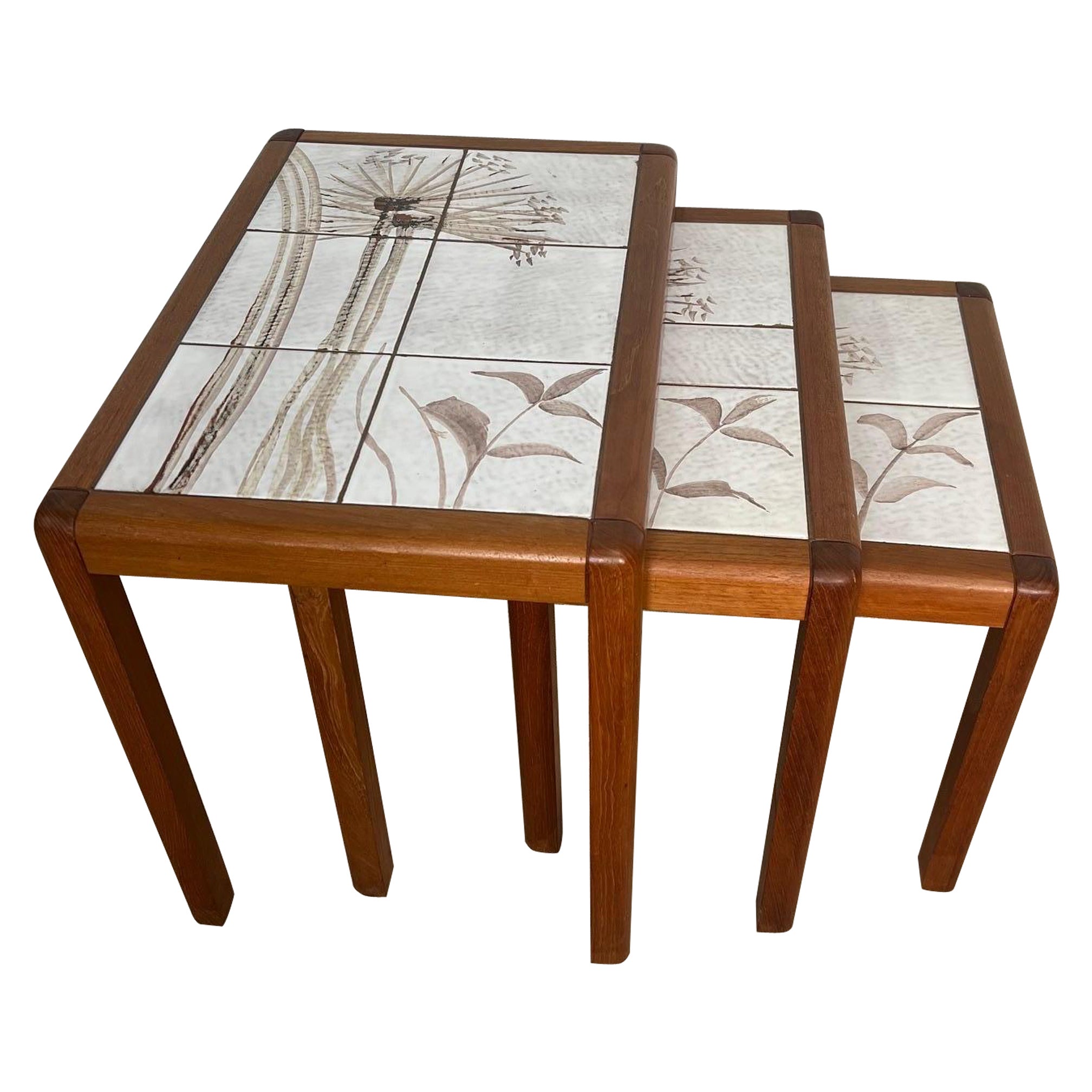 Mid Century Modern Danish Teak And Tile Nesting Side Tables For Sale