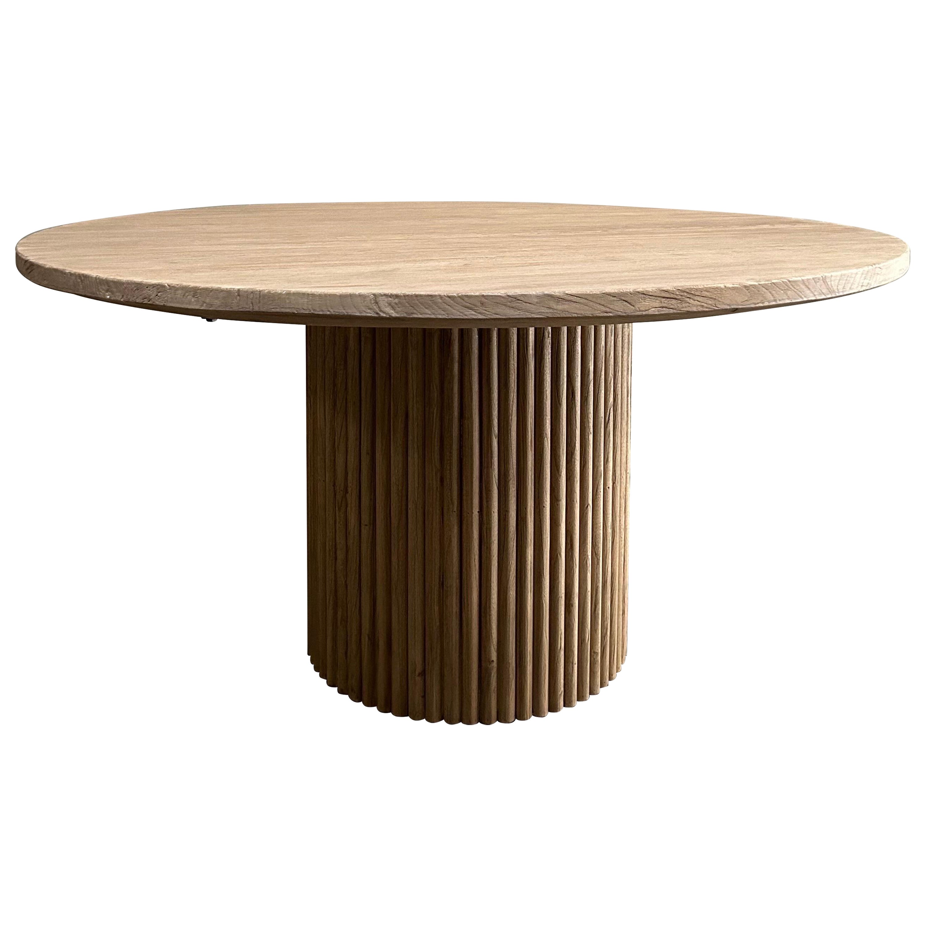 Custom Made Fluted Base Round Dining Table in Solid Elm Wood For Sale