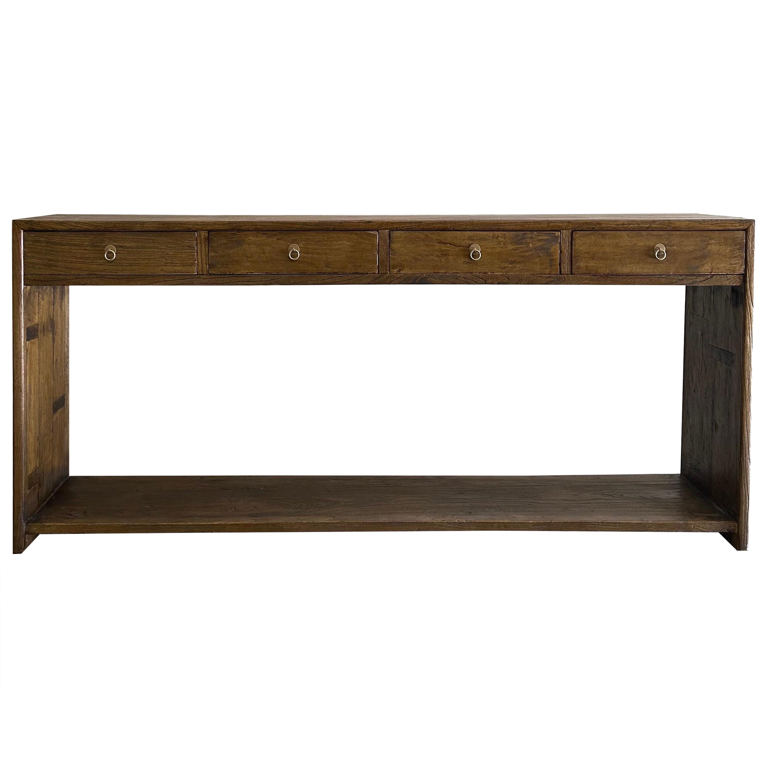 Custom Elm Wood Modern Console Table with Drawers in Dark Walnut For Sale