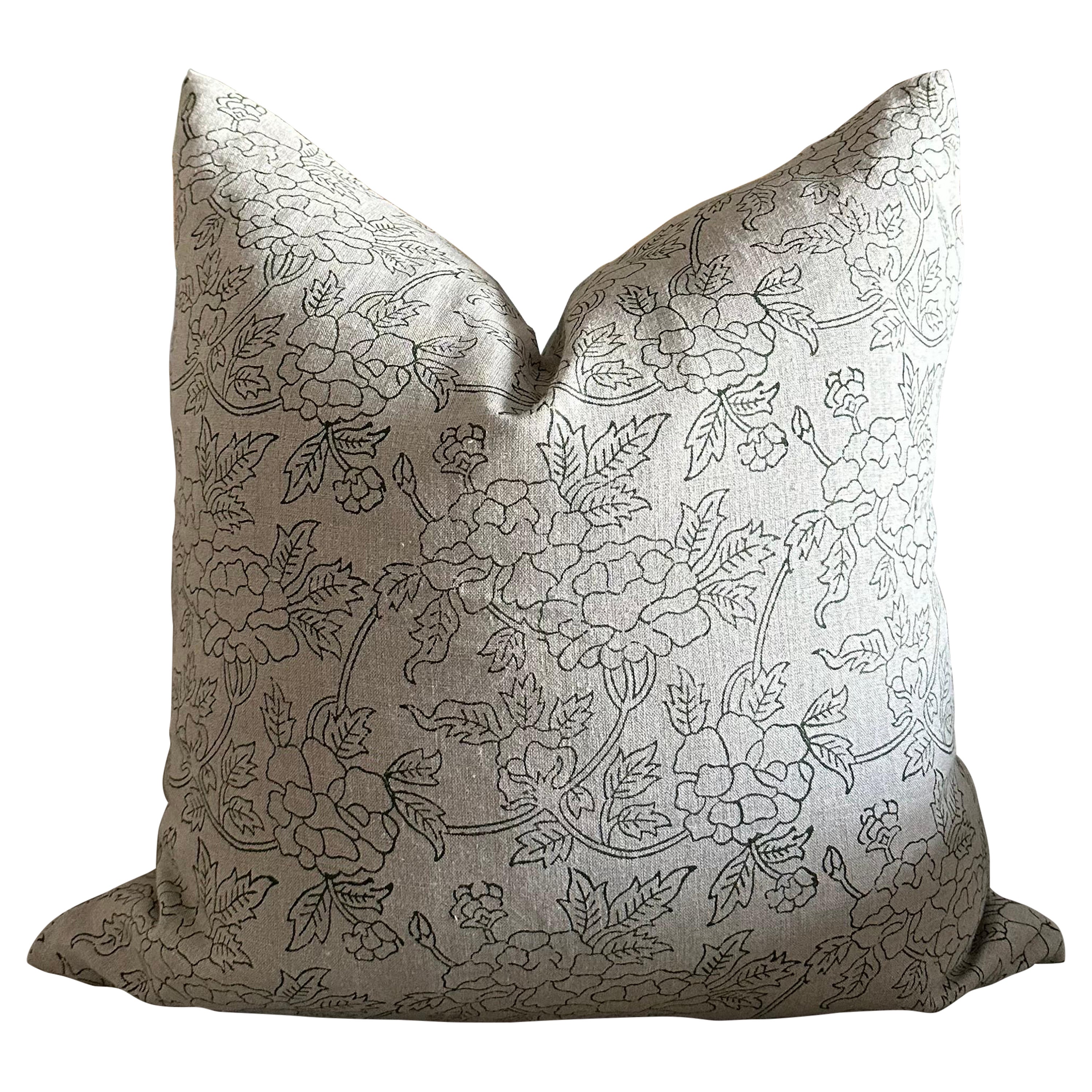 Hand Block Printed Linen Pillow in Natural and Forest  For Sale