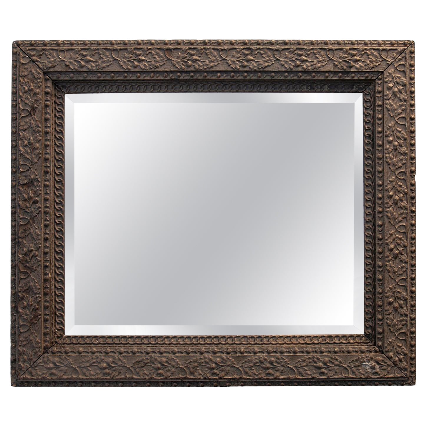 Antique Brown Arts & Crafts Gessoed Hardwood Beveled Mirror For Sale