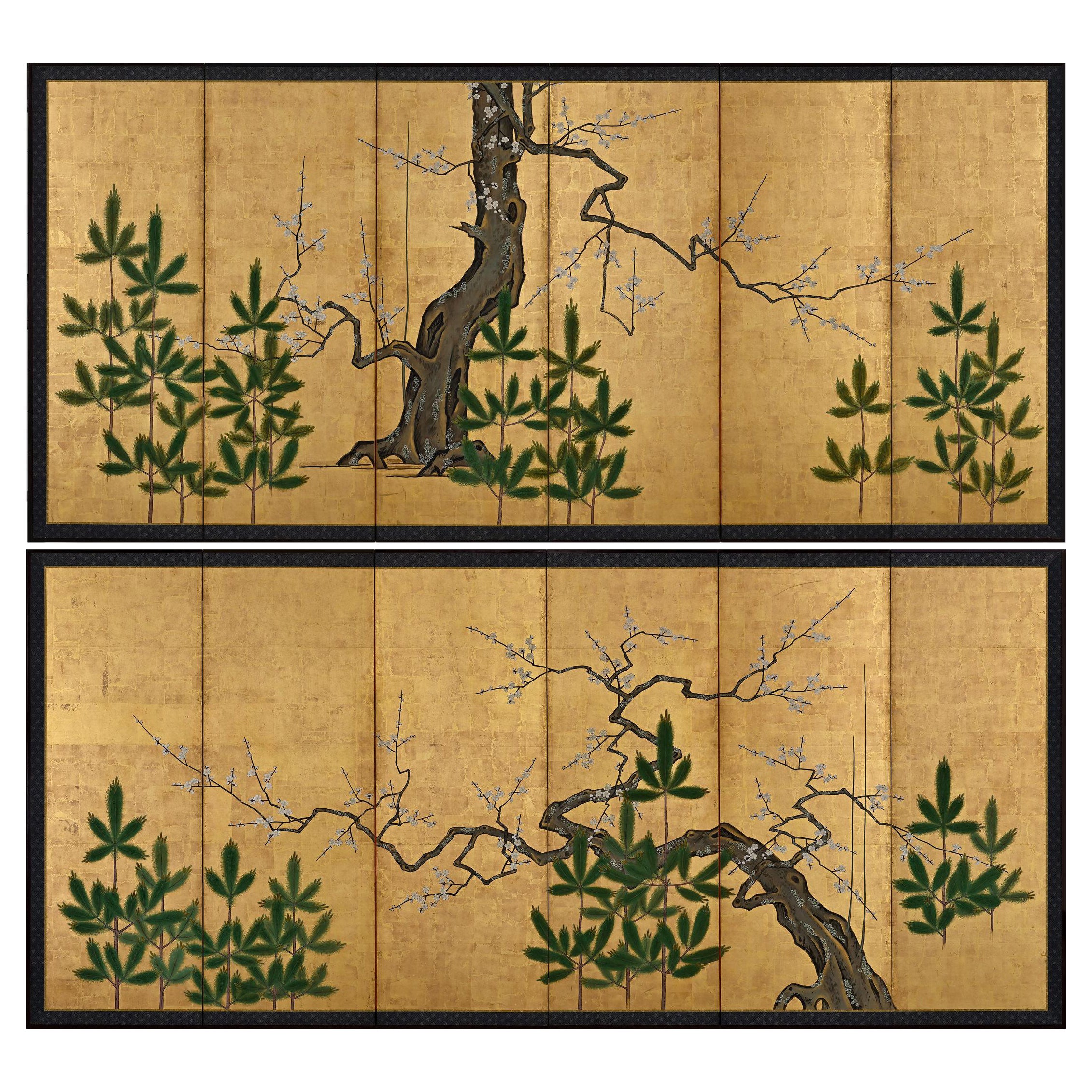 18th Century Japanese Screen Pair. Plum & Young Pines. Kano School. For Sale