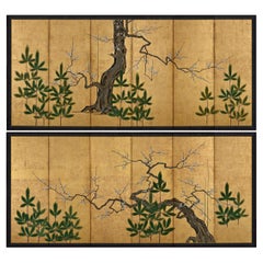Retro 18th Century Japanese Screen Pair. Plum & Young Pines. Kano School.