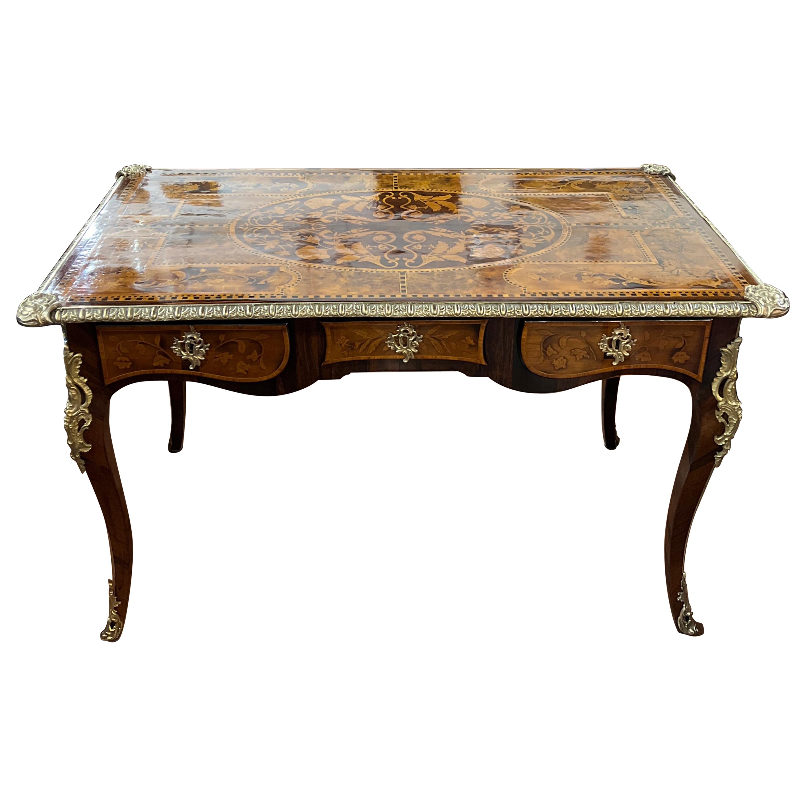 19th Century Victorian Walnut Marquetry Gilt Bronze Writing Table Desk 