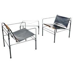 Sammlerstück Leder-Loungesessel-Set mit Stahlriemen von Jan Van Opzeeland, 3 Teile