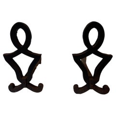 Pair of Modernist Cast Iron and Wrought Iron Andirons by Raymond Subes