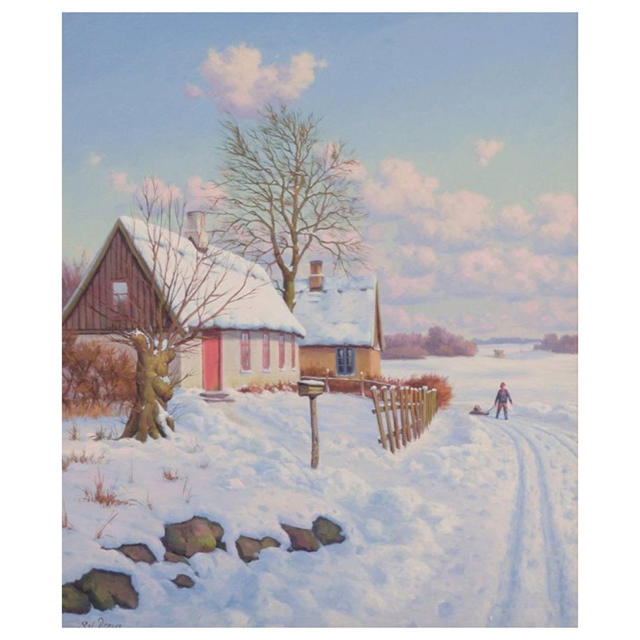 Svend Drews. Oil on canvas. Danish idyllic winter landscape. 