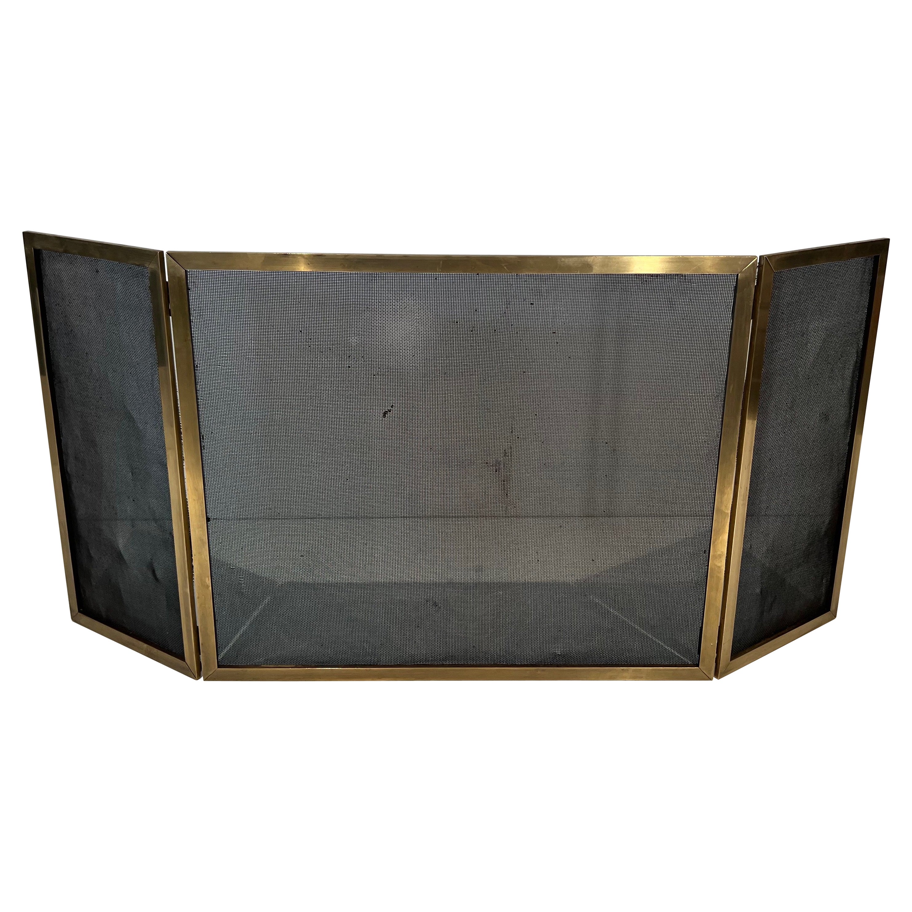 Modernist Brass and Gilt Grilling Fireplace Screen 