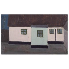 Vintage Scandinavian artist. Oil on canvas. House in modernist style.  1960s/70s