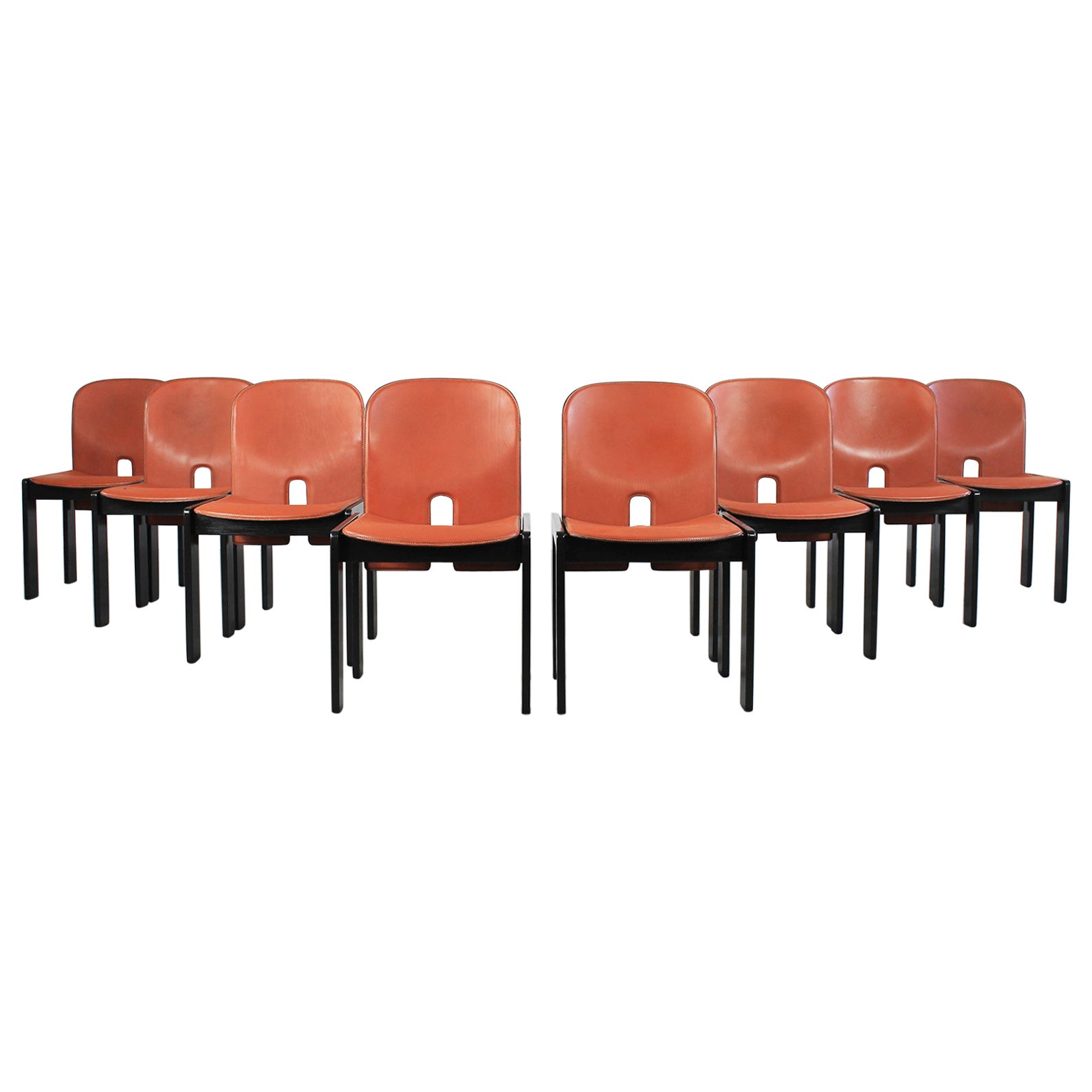 Tobia & Afra Scarpa Set of Eight 121 Chairs in Wood and Leather by Cassina 1965