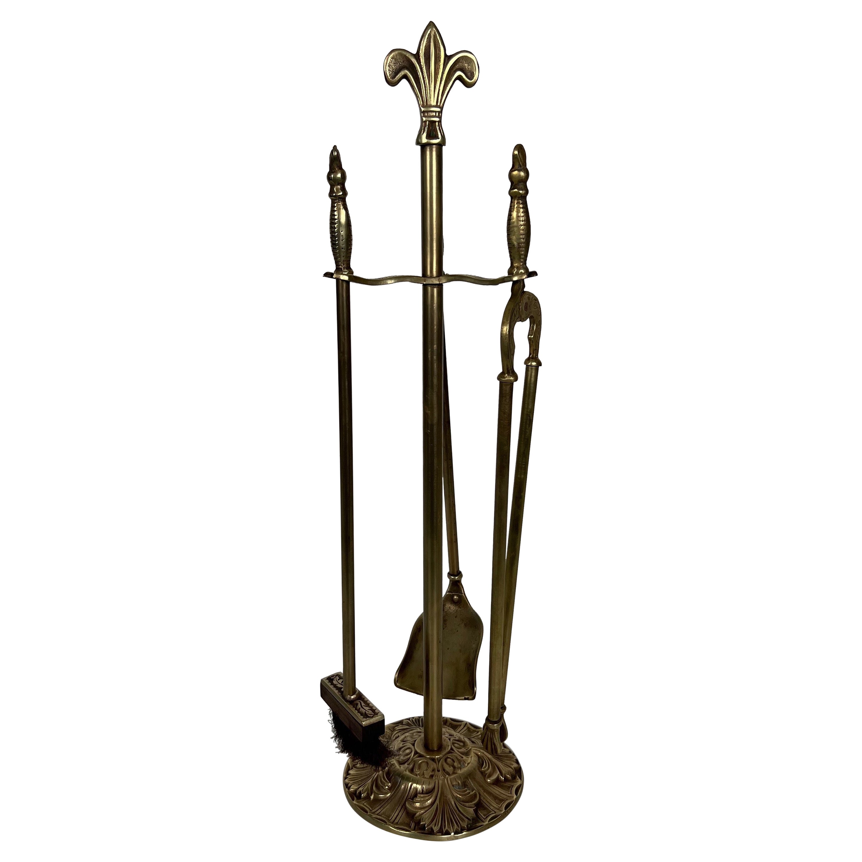 Neoclassical Style Brass Fireplace Tools with Lily Flowers For Sale