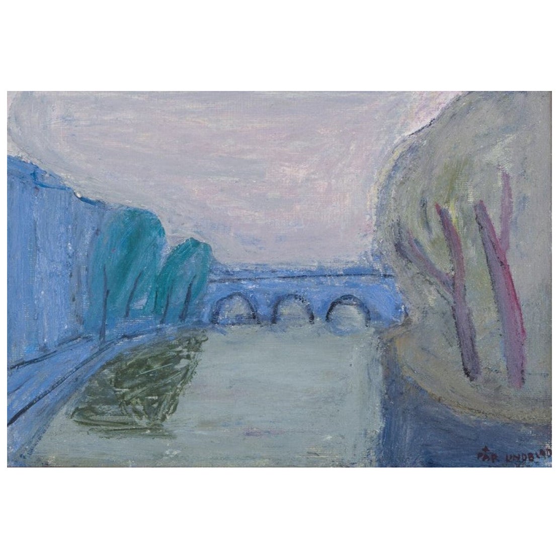 Pär Lindblad, listed Swedish artist. Oil on canvas.  Landscape with river For Sale
