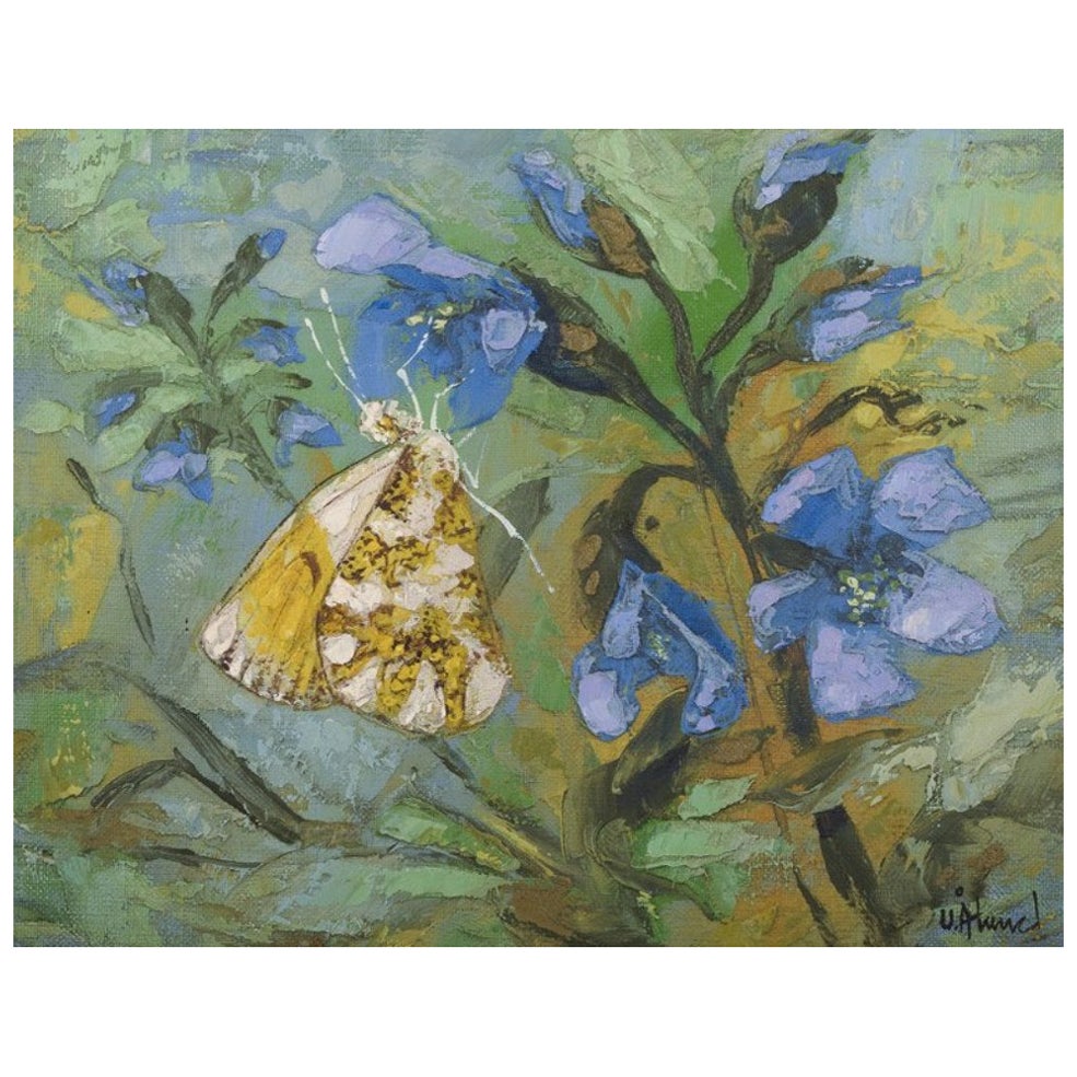 Ulf Ålund, Swedish artist.  Oil on canvas. Aurora butterfly on a flower. For Sale