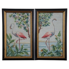 2 Vintage Pink Flamingo Bird Embroidered Needlepoint Tapestry 13"
