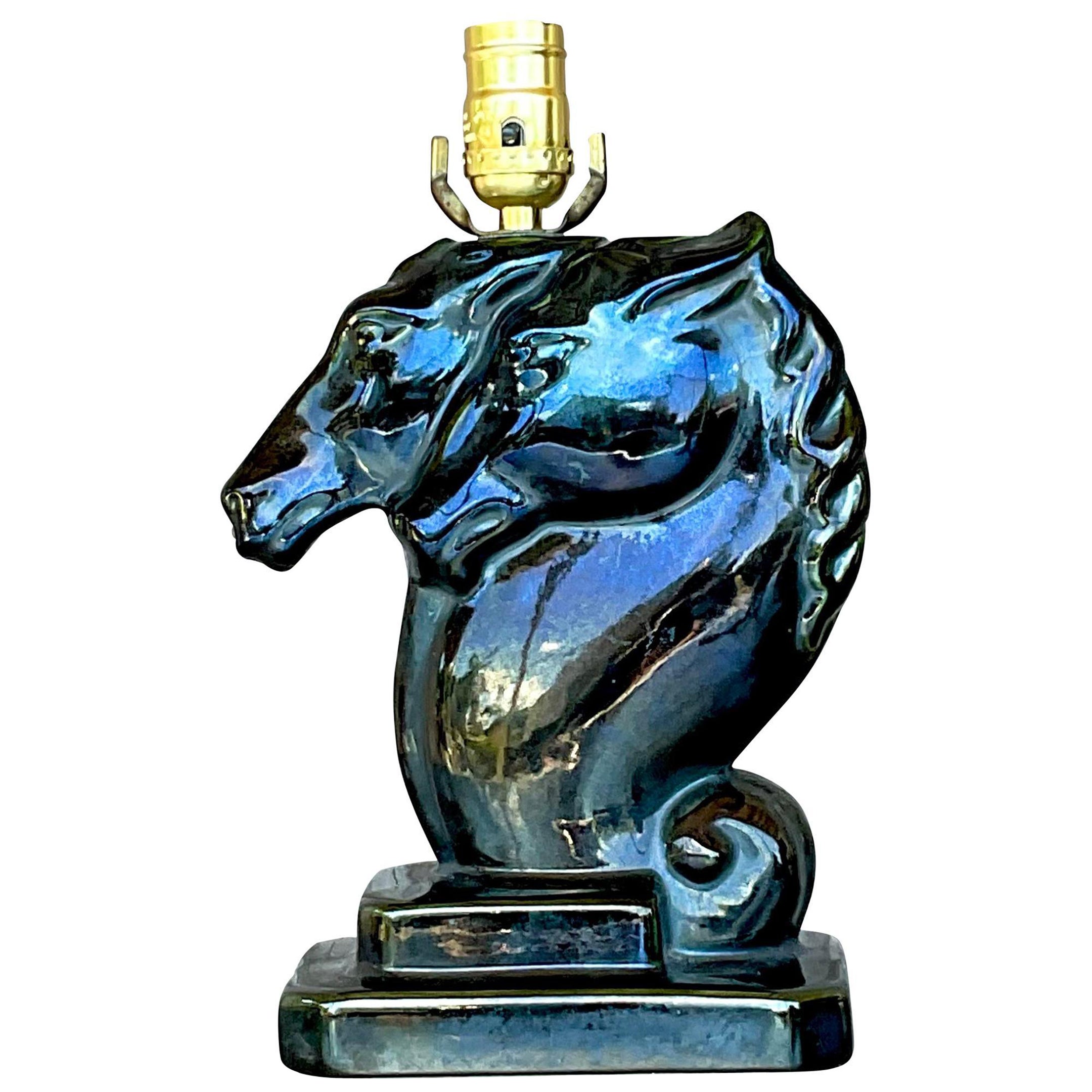 Vintage Boho Glazed Ceramic Double Horse Head Lamp For Sale