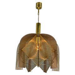 Vintage Mid Century Modern Pendant Lamp in Bronze Lucite, Wire and Brass