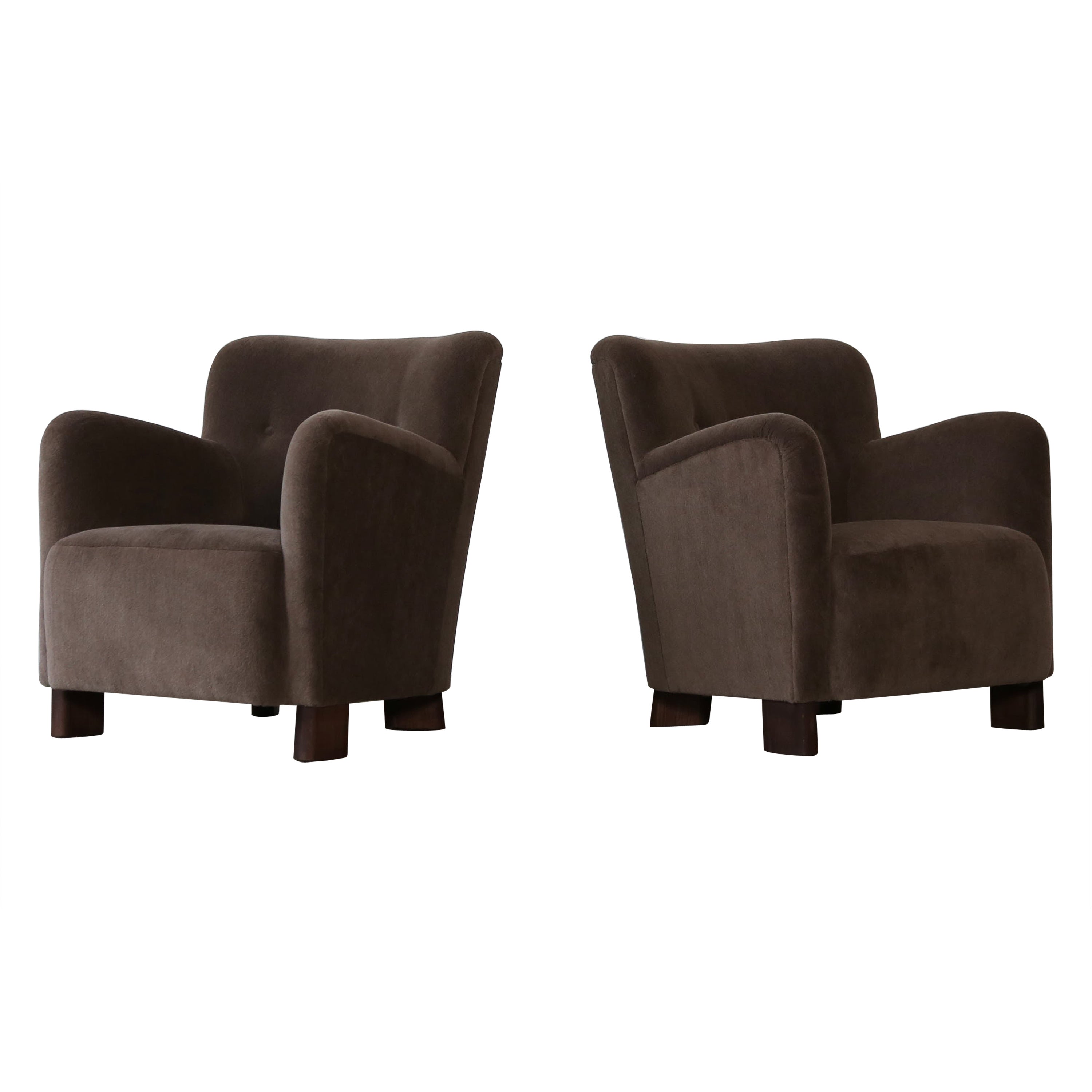 Elegant Pair of Lounge Chairs, Upholstered in Deep Brown Pure Alpaca For Sale