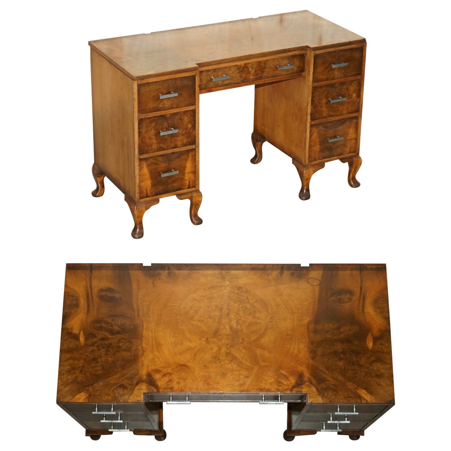 FINE ANTIQUE ART DECO WARING & GILLOW 1932 STAMPED BURR WALNUT DRESSiNG TABLE For Sale