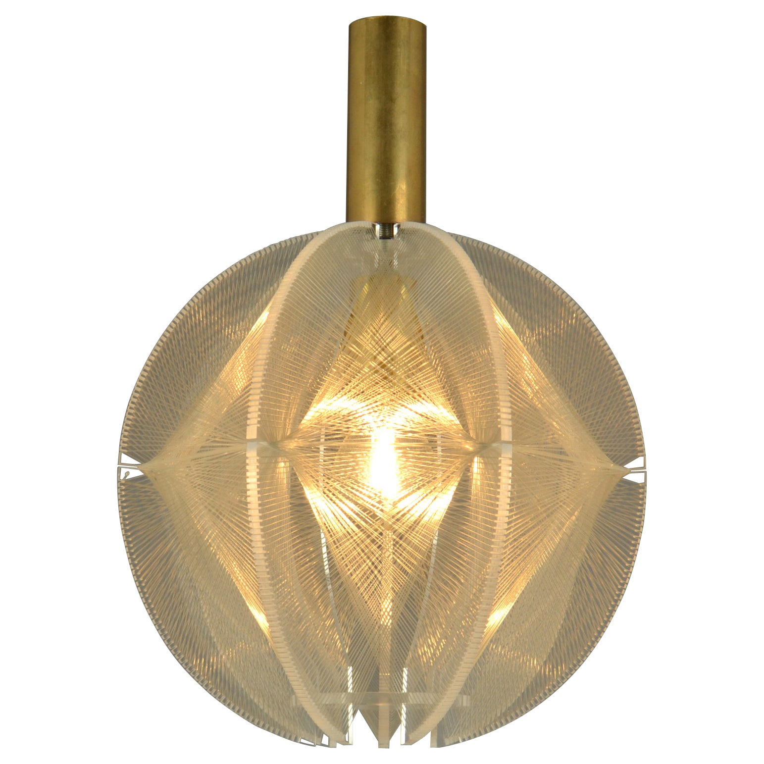 Round Small  1970's Pendant Lamp in Clear Lucite, Wire and Brass For Sale