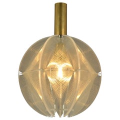 Retro Round Small  1970's Pendant Lamp in Clear Lucite, Wire and Brass