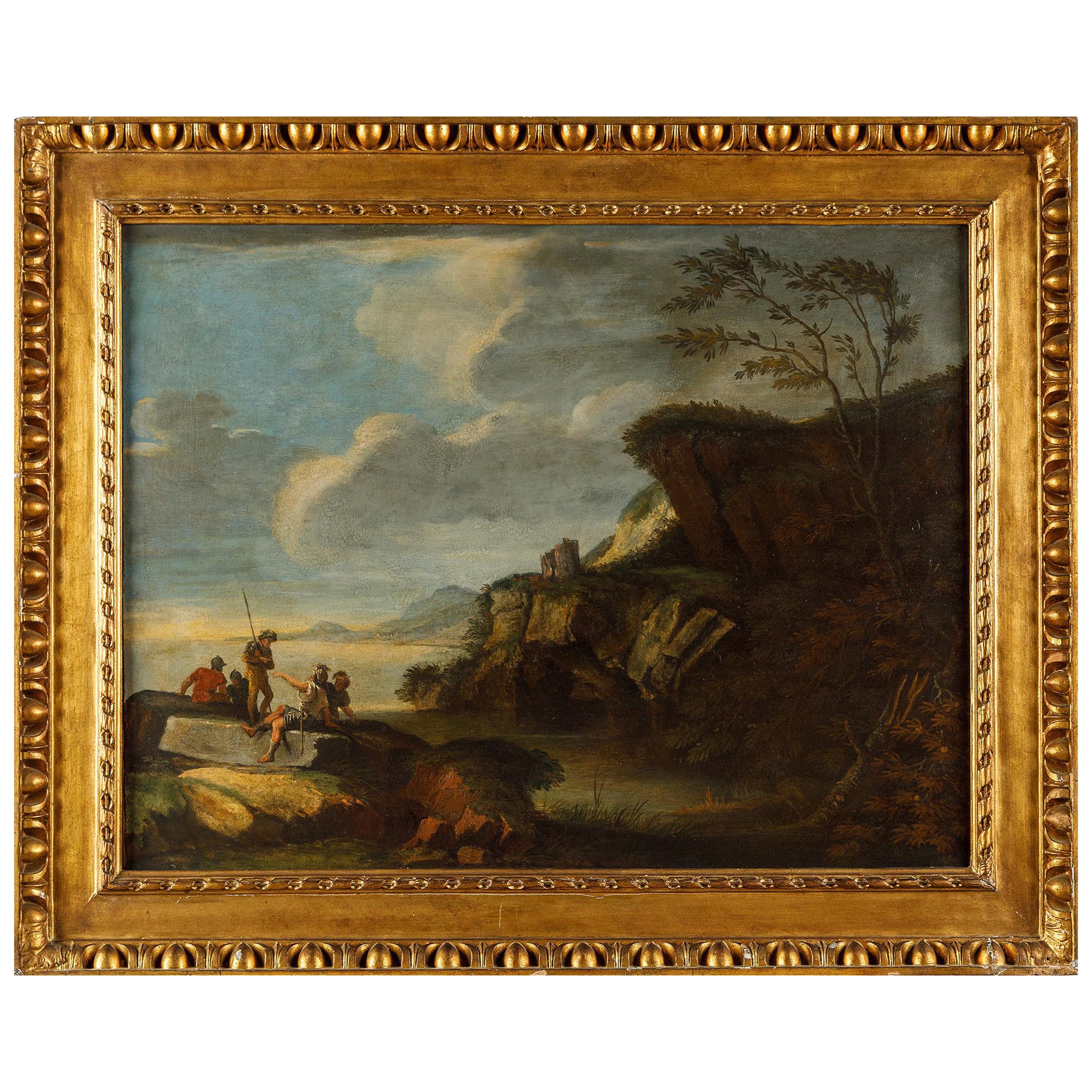 Salvator Rosa (follower of), Coastal Landscape with Armigers at Rest For Sale