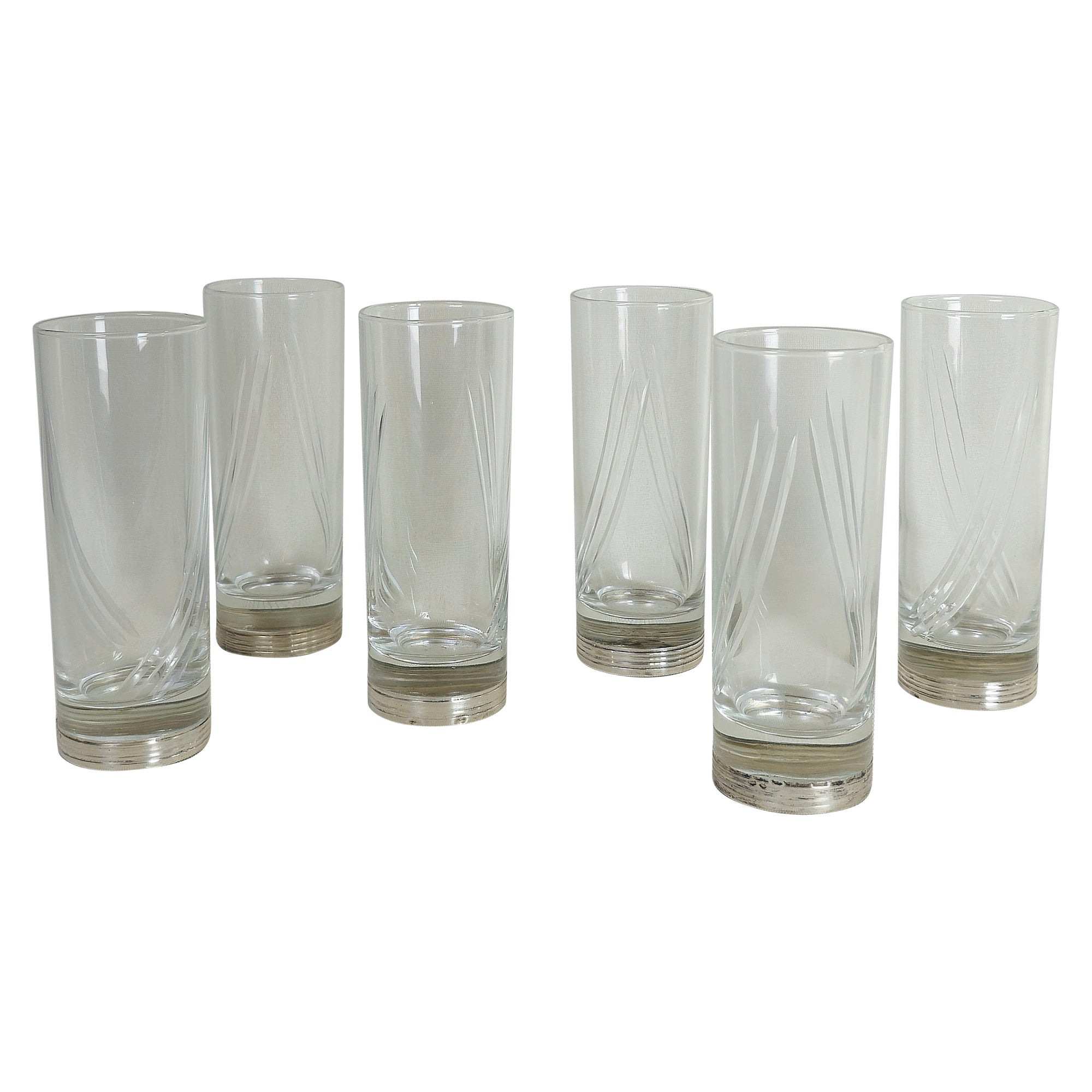 Midcentury Crystal Glass Transparent Silver 800 Italian Designs 1960s Set of 6 en vente