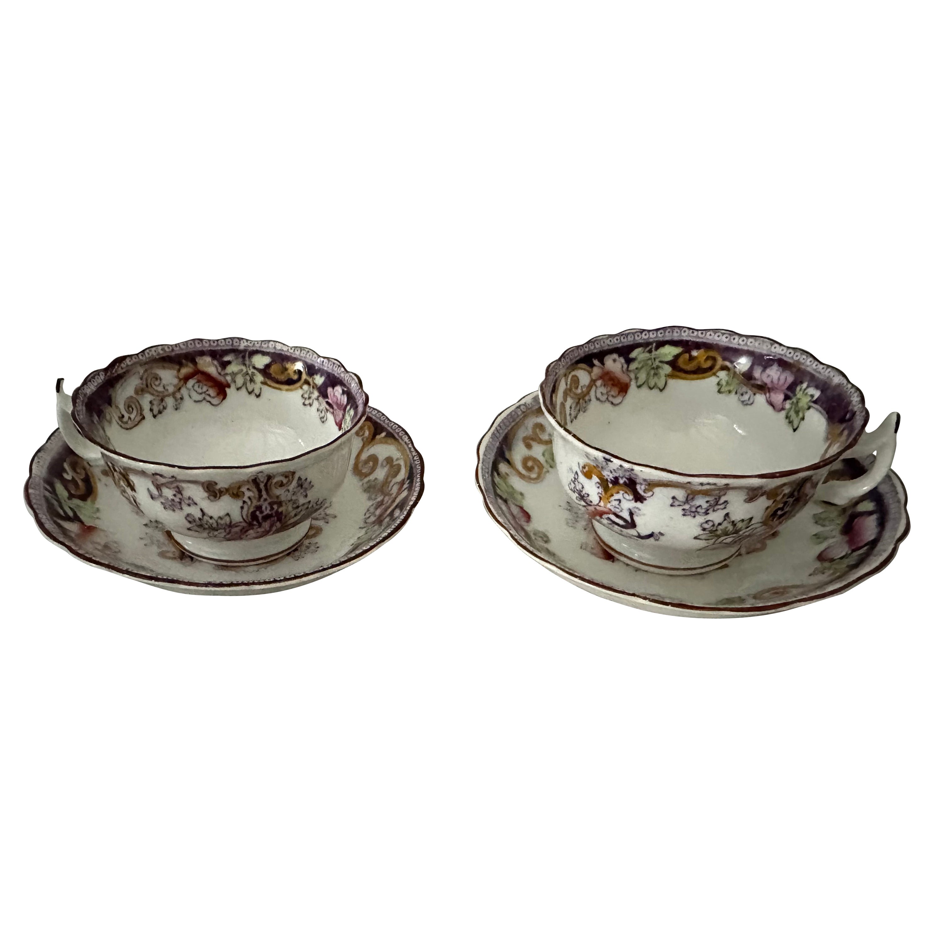 Pair of Antique 1890 English Bone China Tea Cup and Saucer Sets For Sale