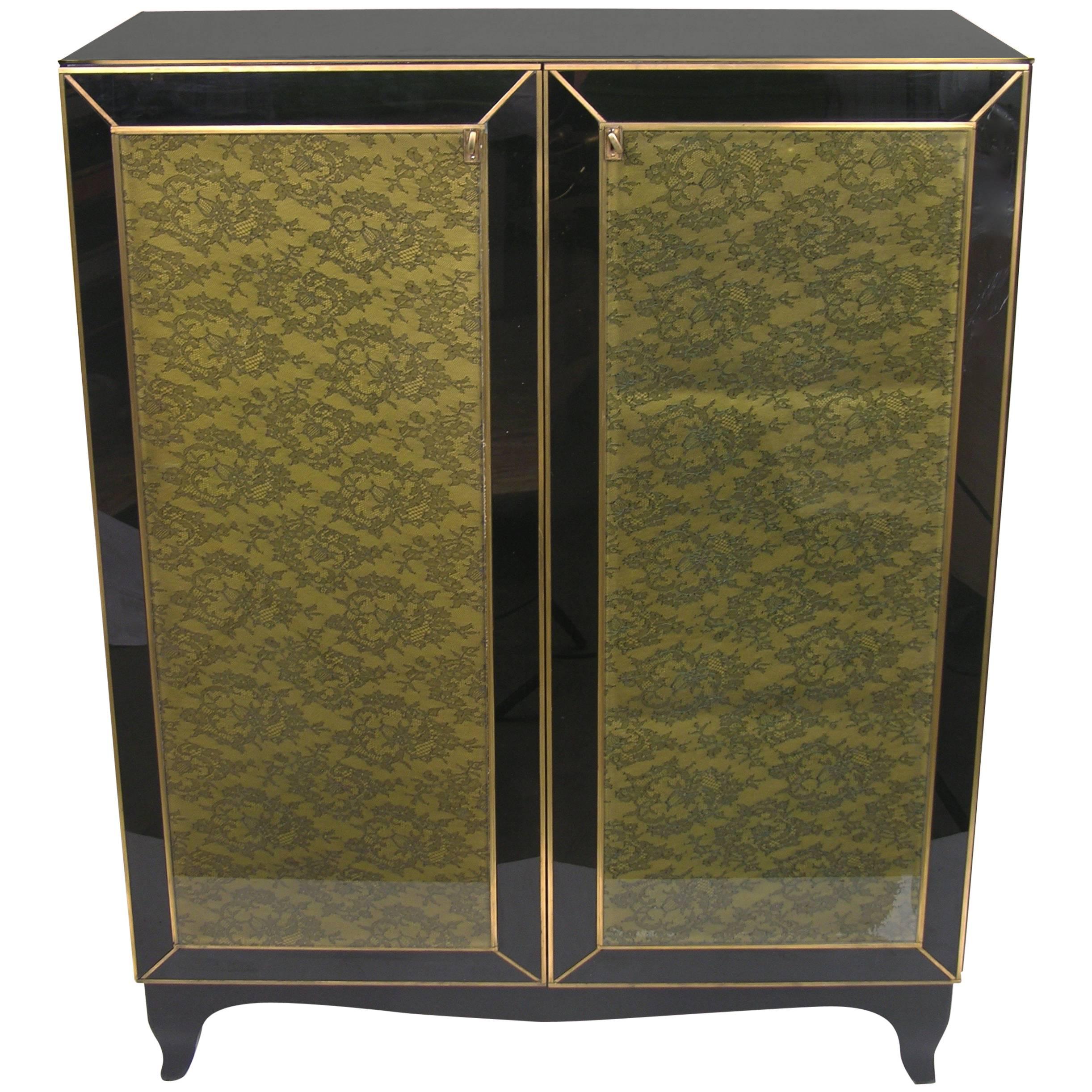 1970s One-of-a-Kind Italian Brass & Black Glass Cabinet with Green Lace Inlays