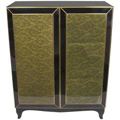 1970s One-of-a-Kind Italian Brass & Black Glass Cabinet with Green Lace Inlays 5