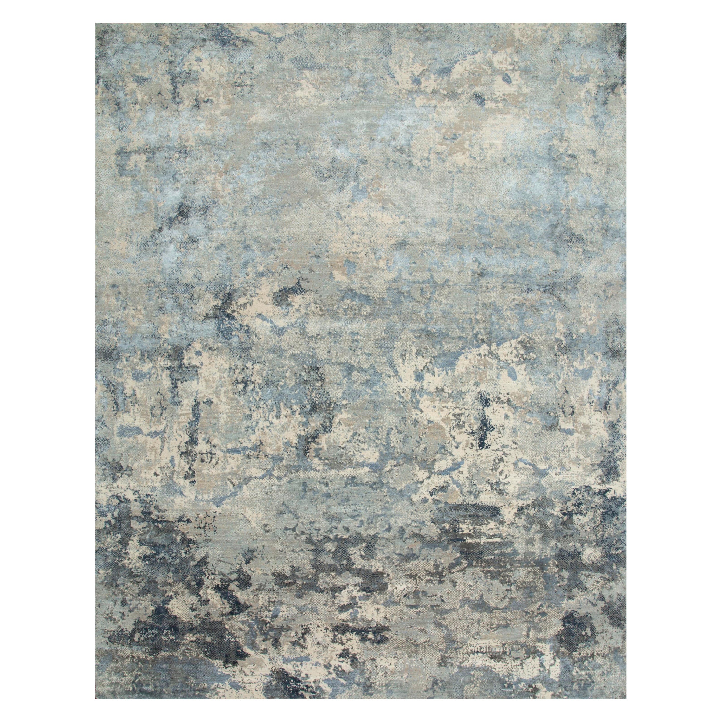 "Antique White Pearl Blue Hand-Knotted Rug " For Sale