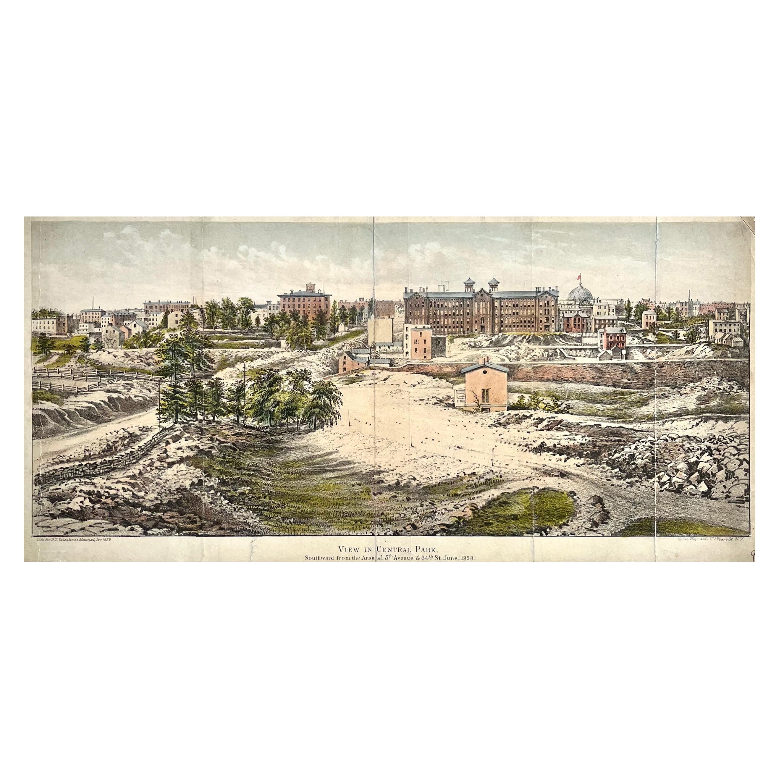 Gravure ancienne de 1805 représentant Central Park, en direction du sud depuis l'arsenal de la 5e Avenue, 1858 en vente