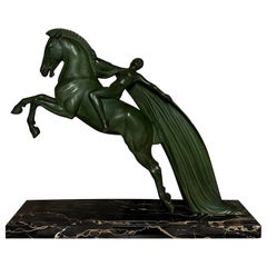 Französische Art-déco-Skulptur eines Pferdes aus Metall und Marmor aus dem 20. Jahrhundert, C.Charles, 1930er Jahre