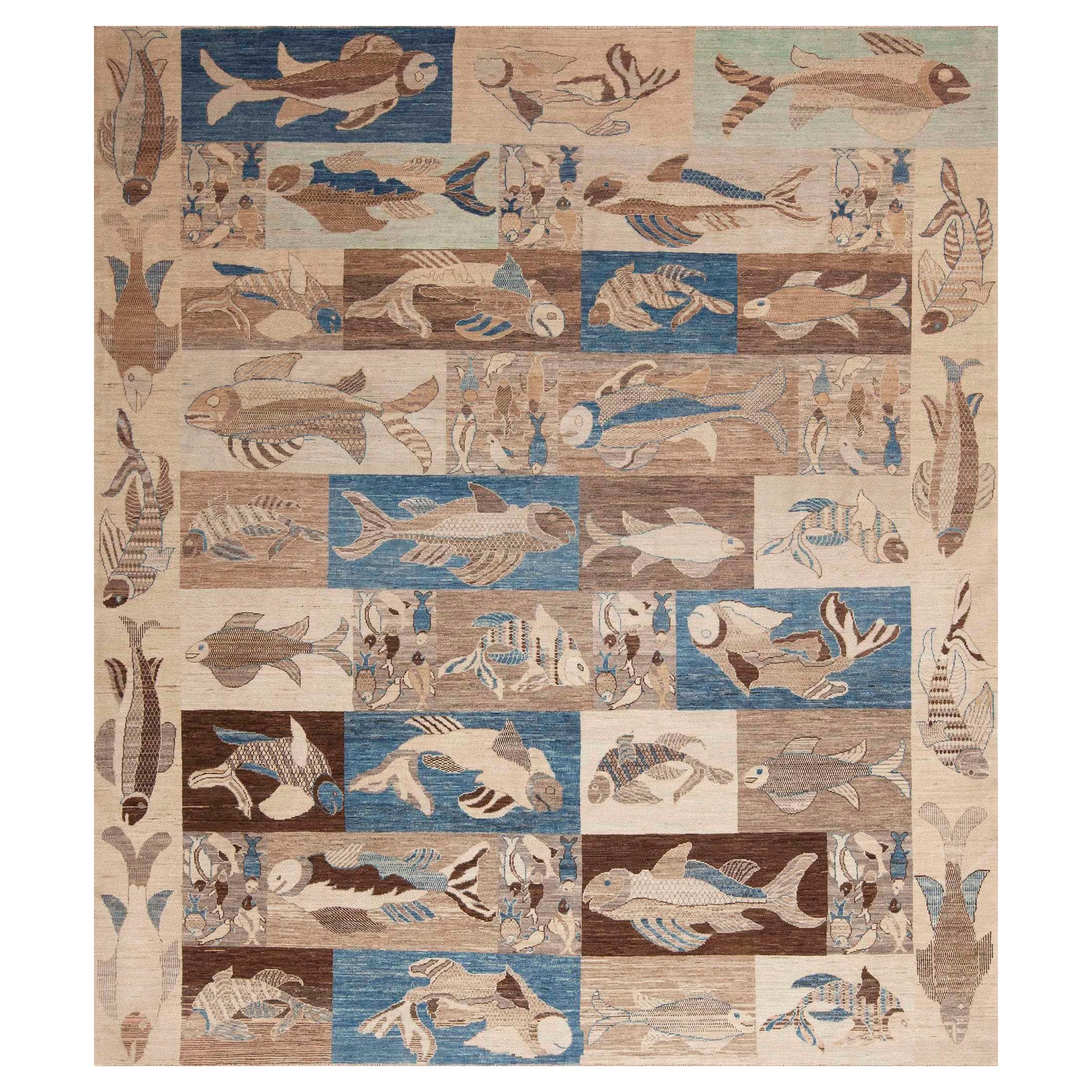 Moderner Teppich der Nazmiyal Kollektion mit künstlerischem Aquatischen Fischmuster, 8'4" x 9'8" im Angebot